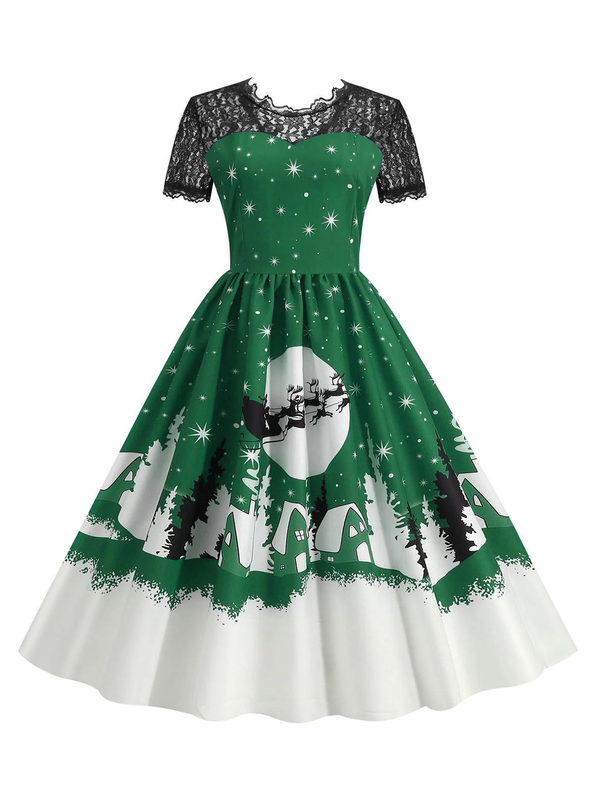 1950s Christmas Print Lace Swing Dress - Image 5
