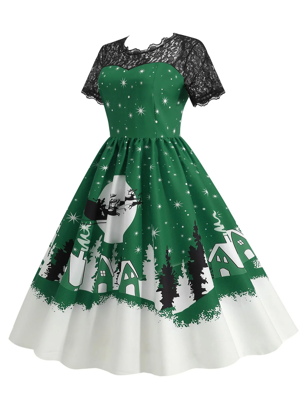 1950s Christmas Print Lace Swing Dress - Image 6