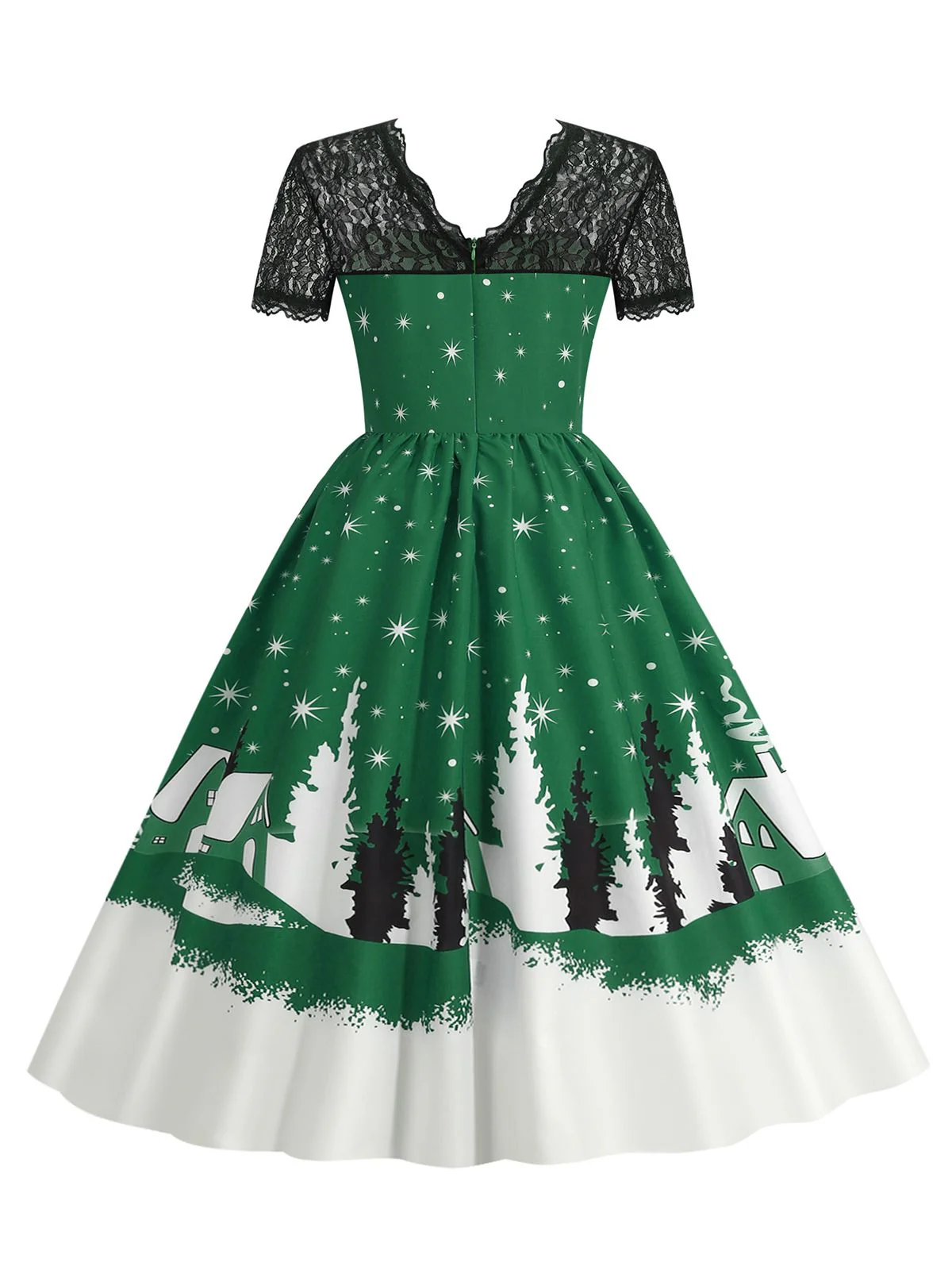 1950s Christmas Print Lace Swing Dress - Image 7