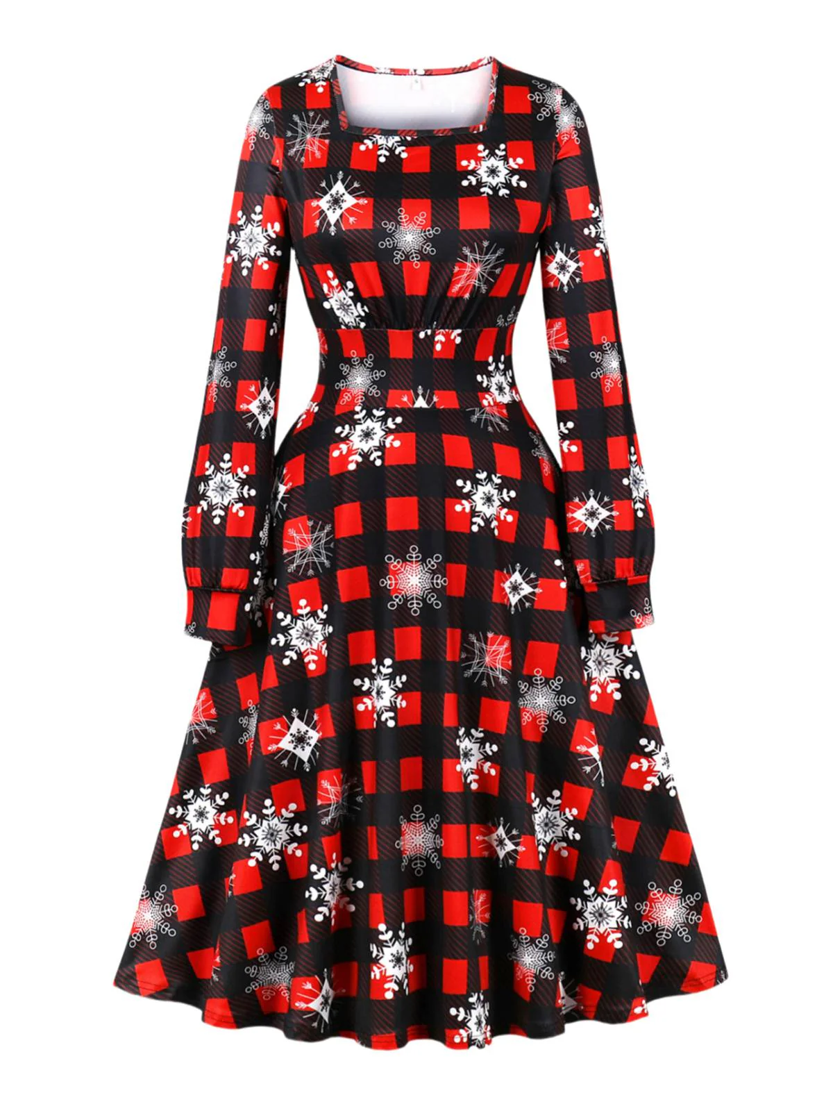 1950s Christmas Square Collar Long Sleeve Dress - Image 3