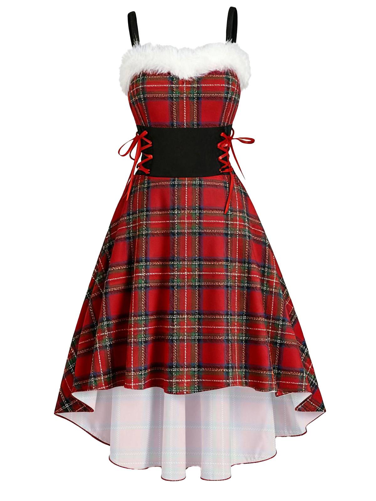 1950s Christmas Tartan Fur Trimmed High-Low Hem Dress - Image 2