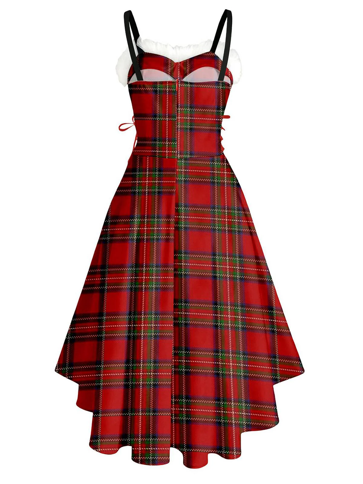 1950s Christmas Tartan Fur Trimmed High-Low Hem Dress - Image 3