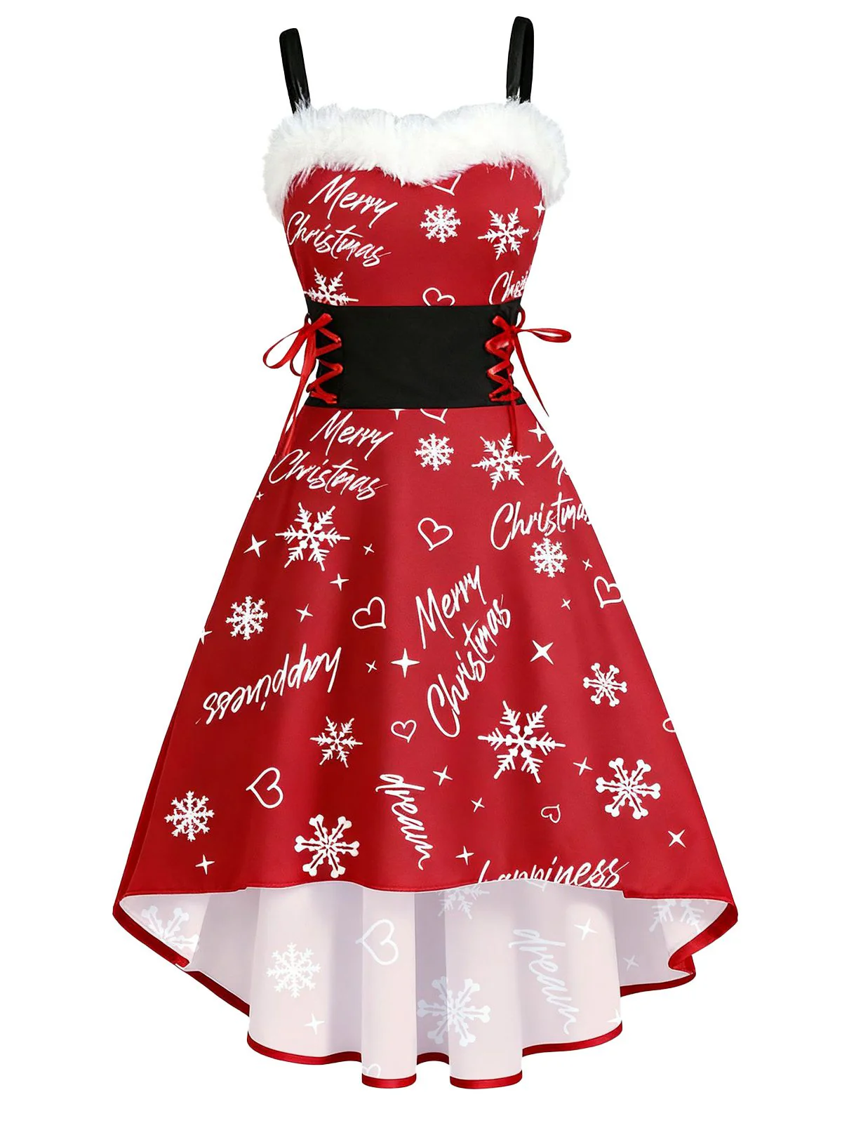 1950s Christmas Tartan Fur Trimmed High-Low Hem Dress - Image 6