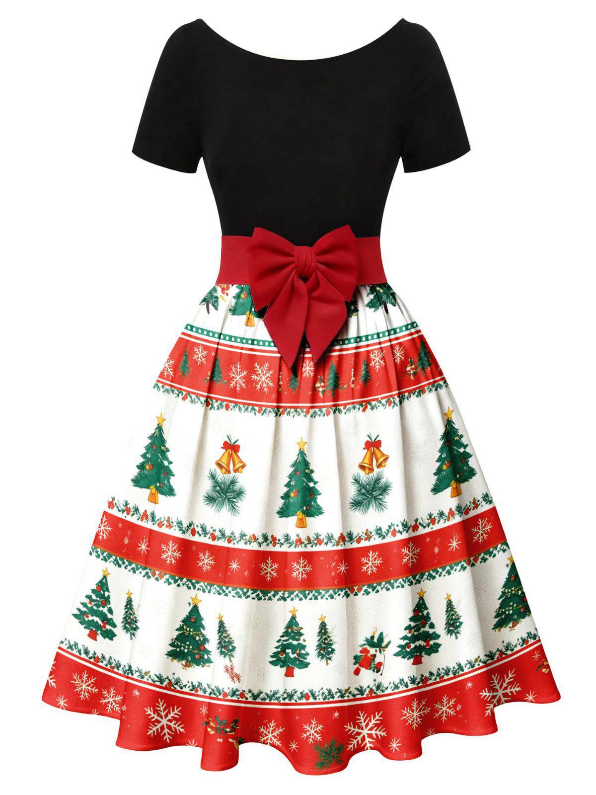 1950s Christmas Tree Patchwork Bow Belted Swing Dress - Image 10