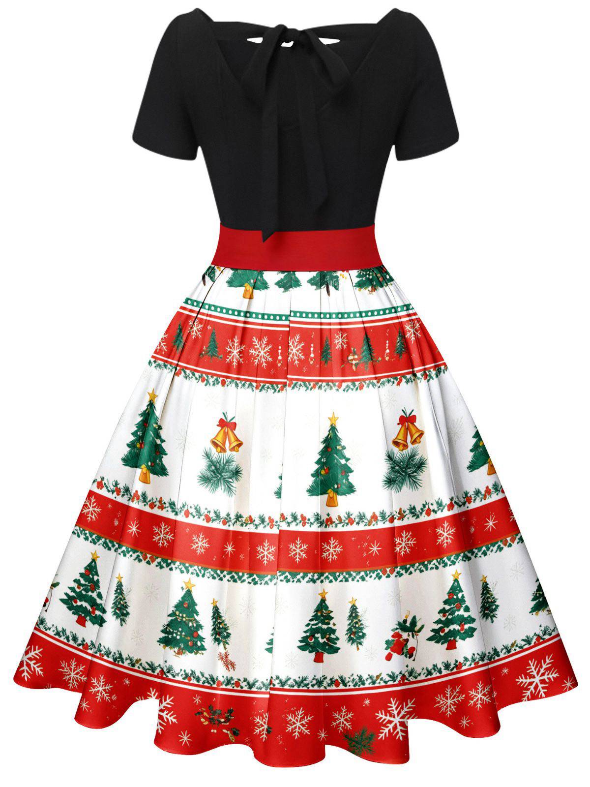1950s Christmas Tree Patchwork Bow Belted Swing Dress - Image 11
