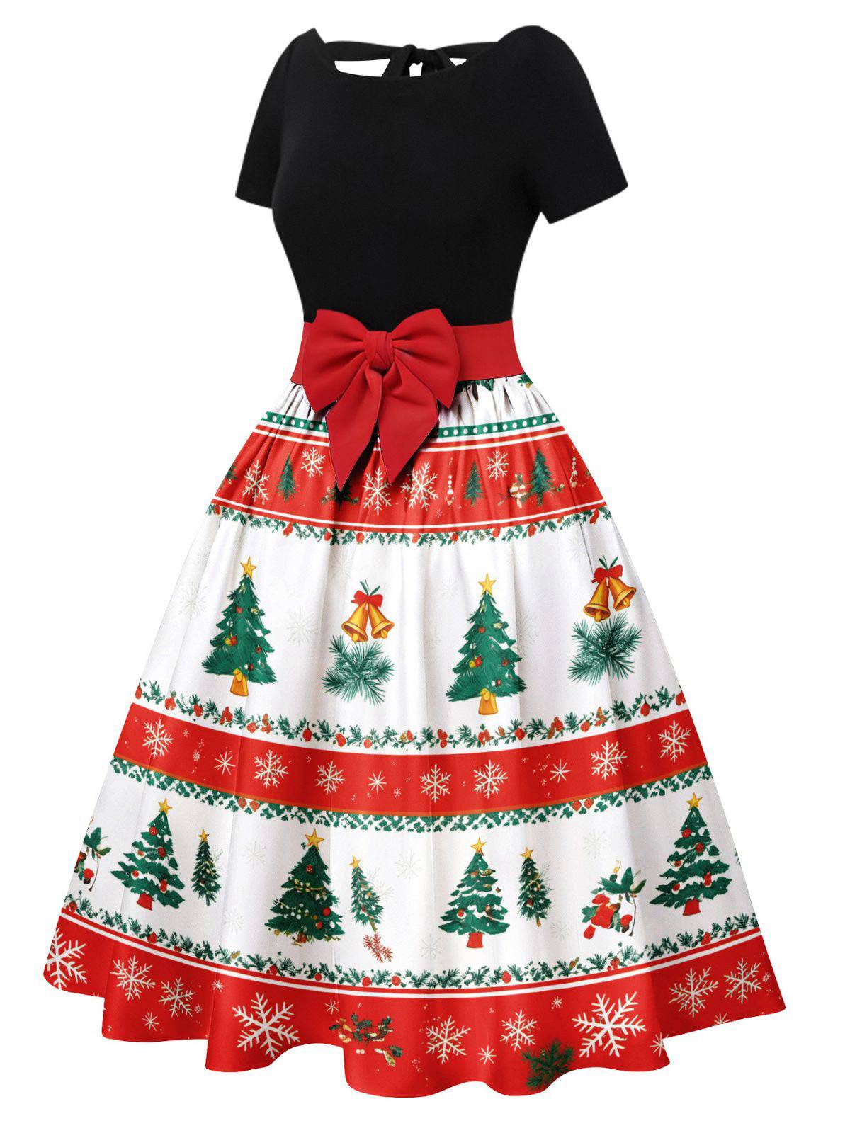 1950s Christmas Tree Patchwork Bow Belted Swing Dress - Image 12
