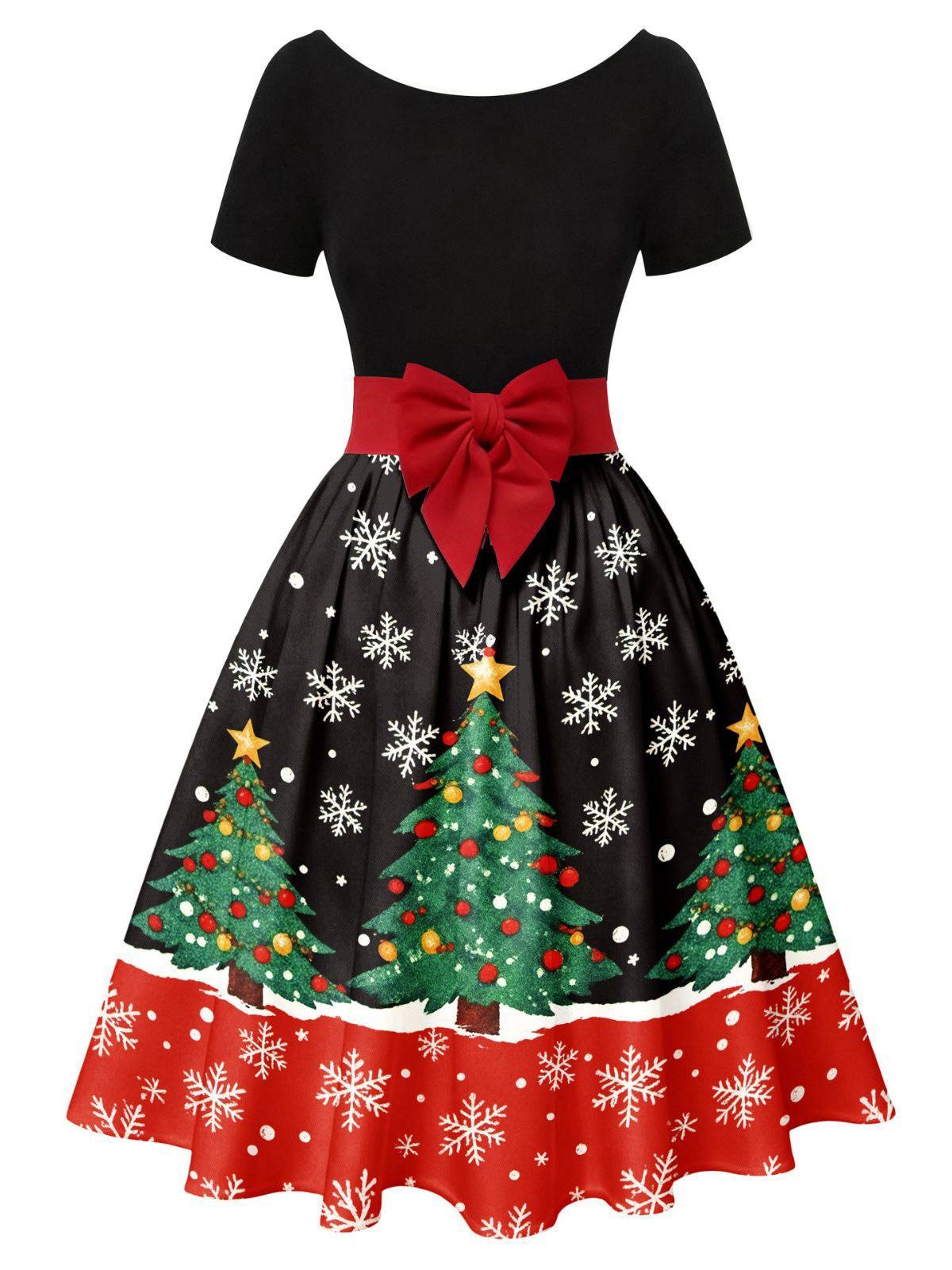 1950s Christmas Tree Patchwork Bow Belted Swing Dress - Image 14