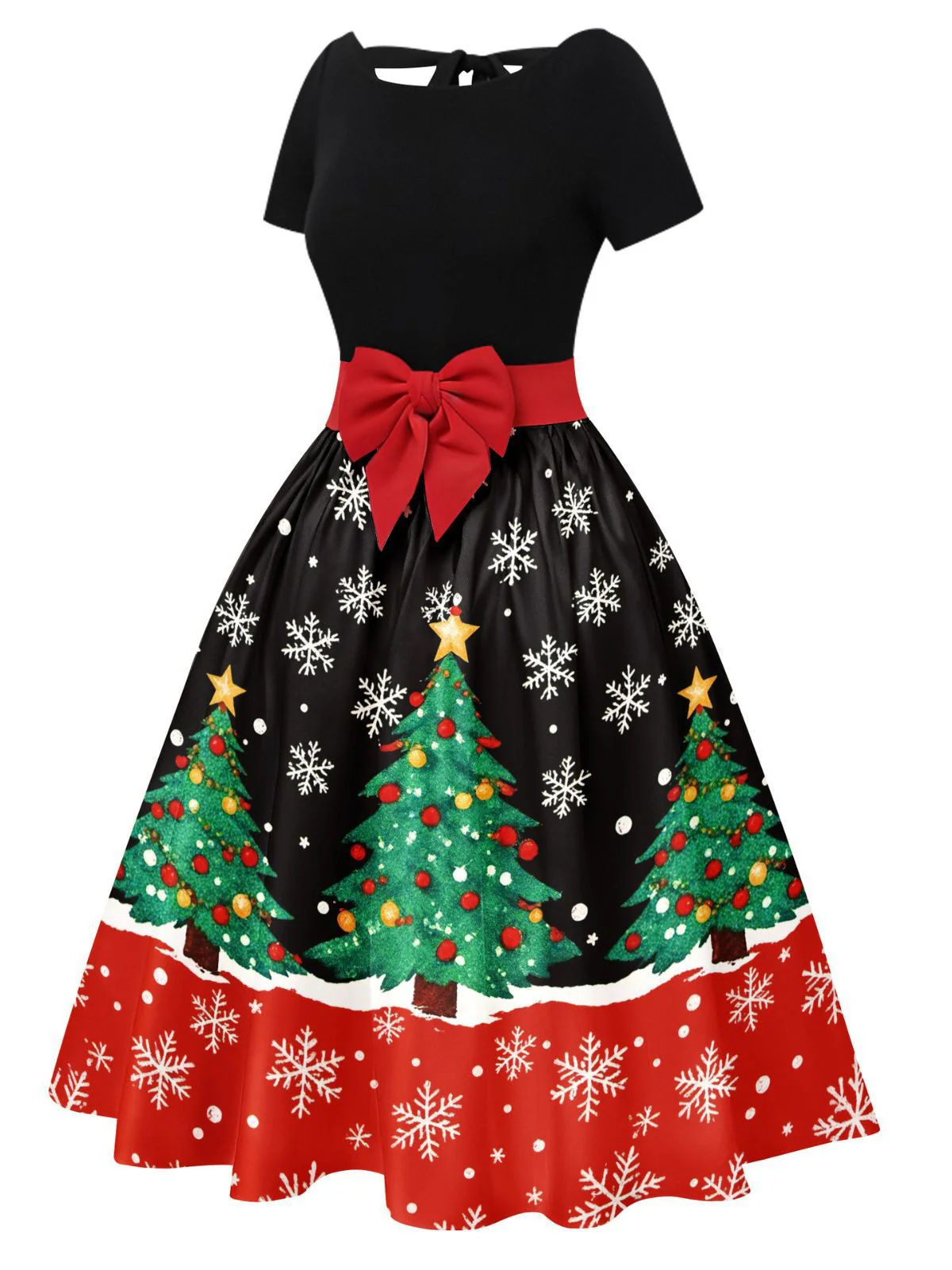 1950s Christmas Tree Patchwork Bow Belted Swing Dress - Image 15