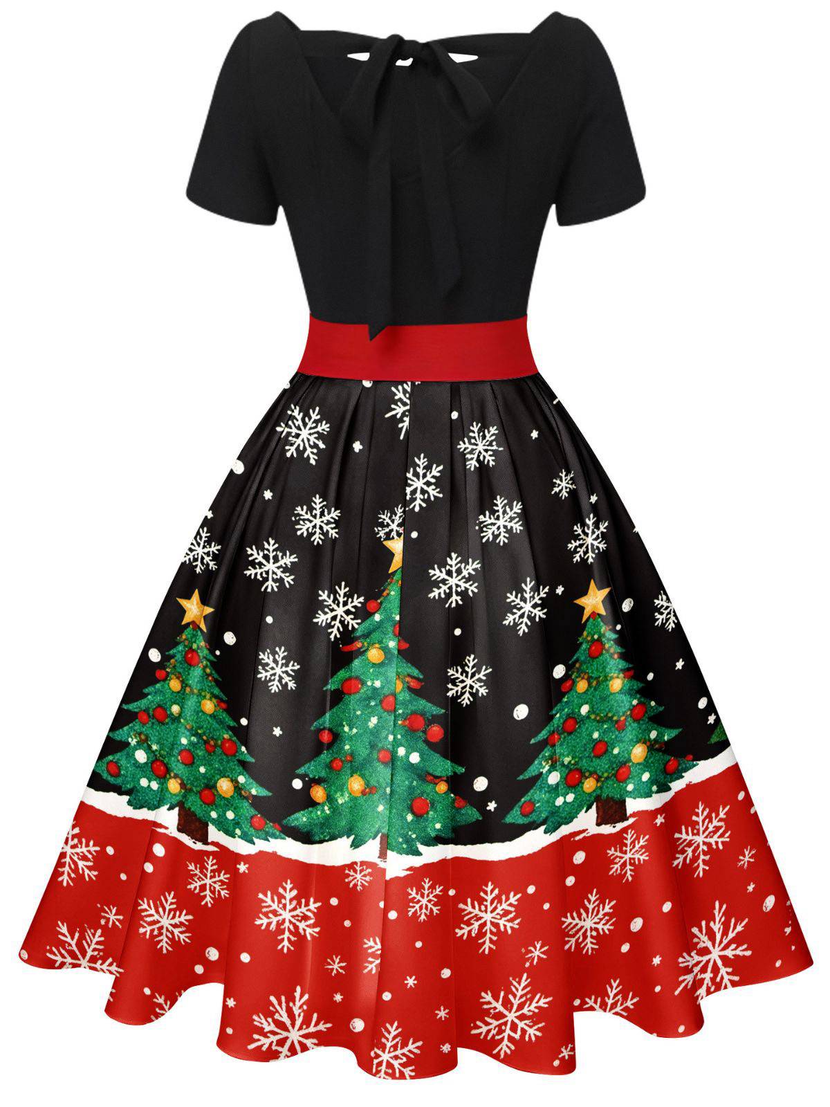 1950s Christmas Tree Patchwork Bow Belted Swing Dress - Image 16