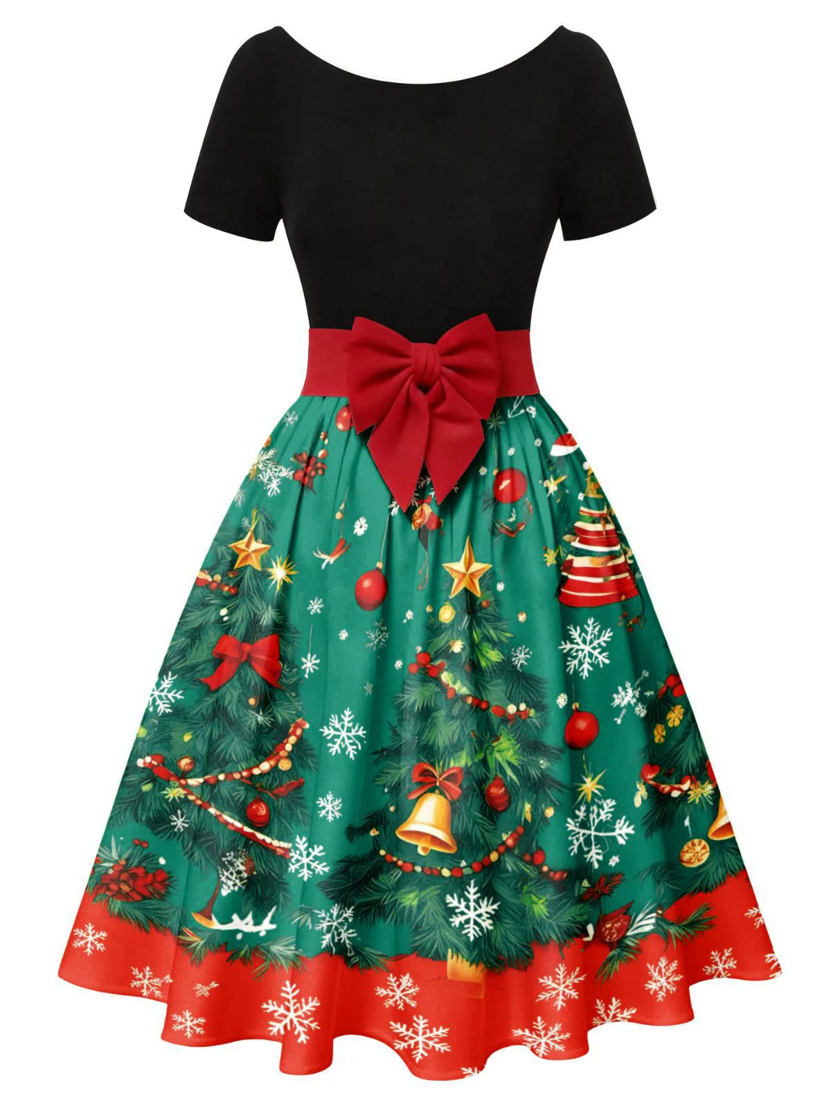 1950s Christmas Tree Patchwork Bow Belted Swing Dress - Image 18