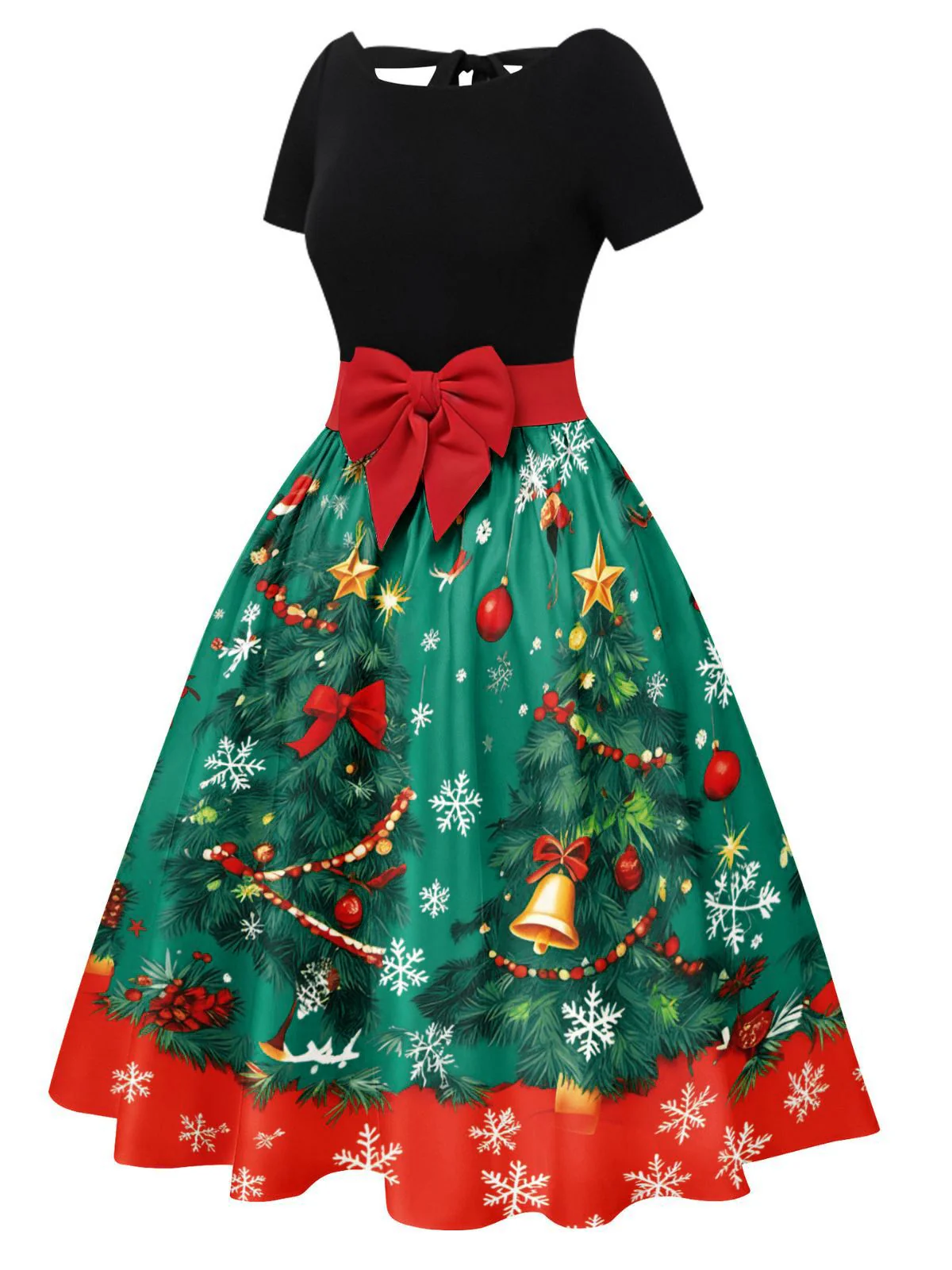 1950s Christmas Tree Patchwork Bow Belted Swing Dress - Image 19