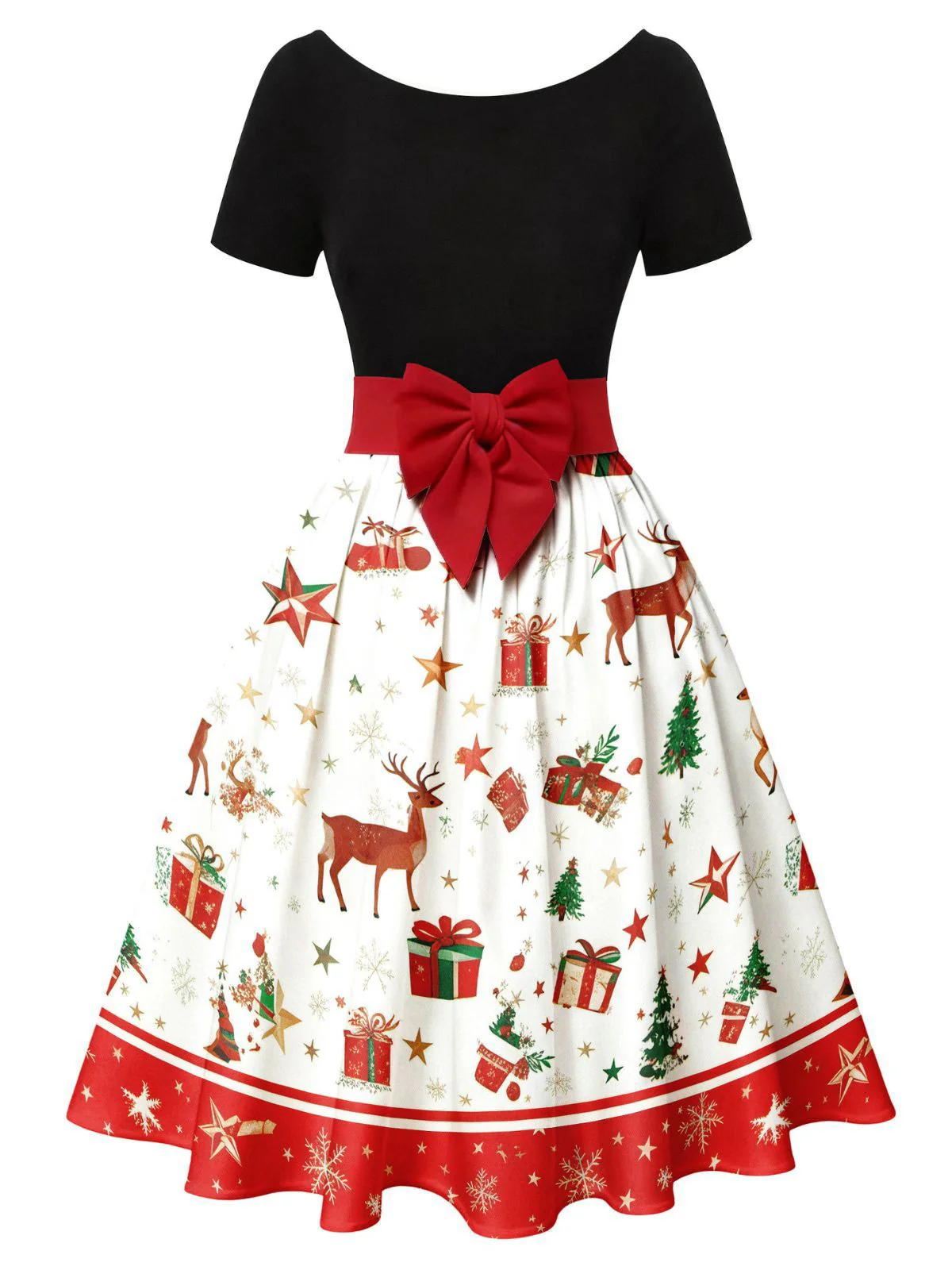 1950s Christmas Tree Patchwork Bow Belted Swing Dress - Image 2