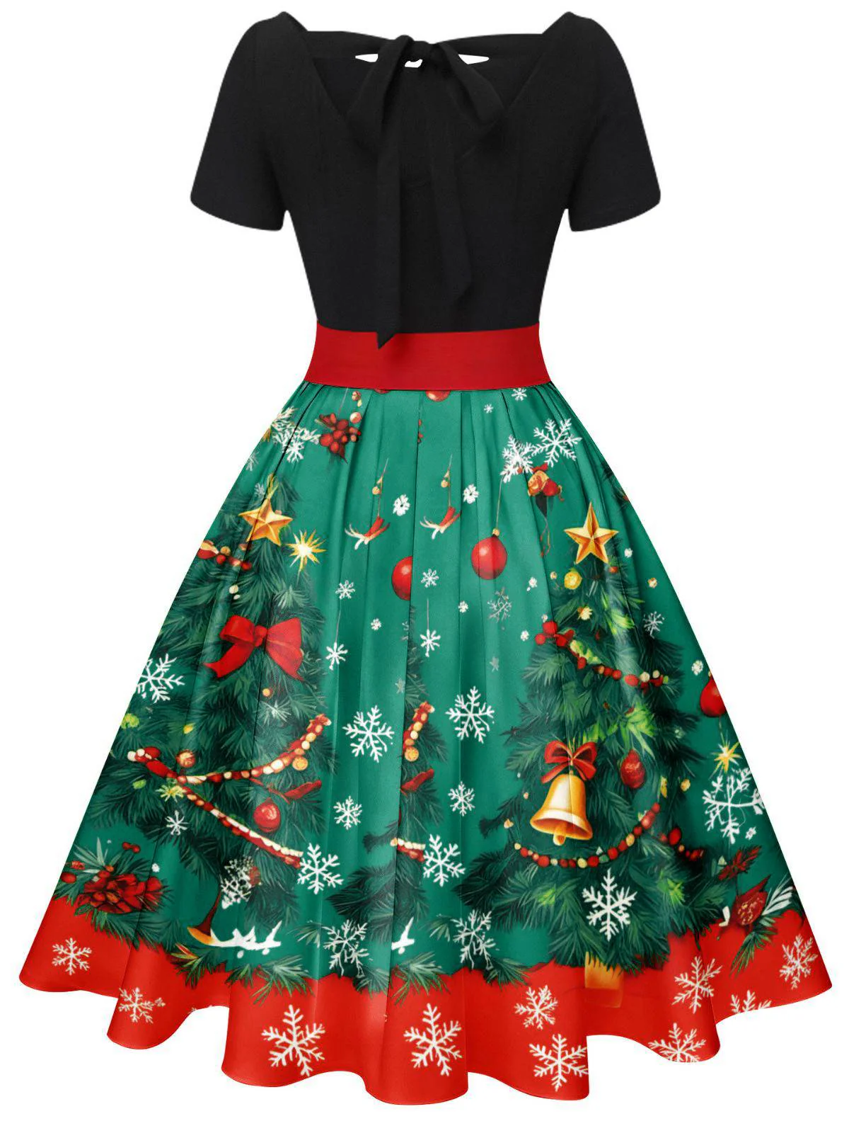 1950s Christmas Tree Patchwork Bow Belted Swing Dress - Image 20