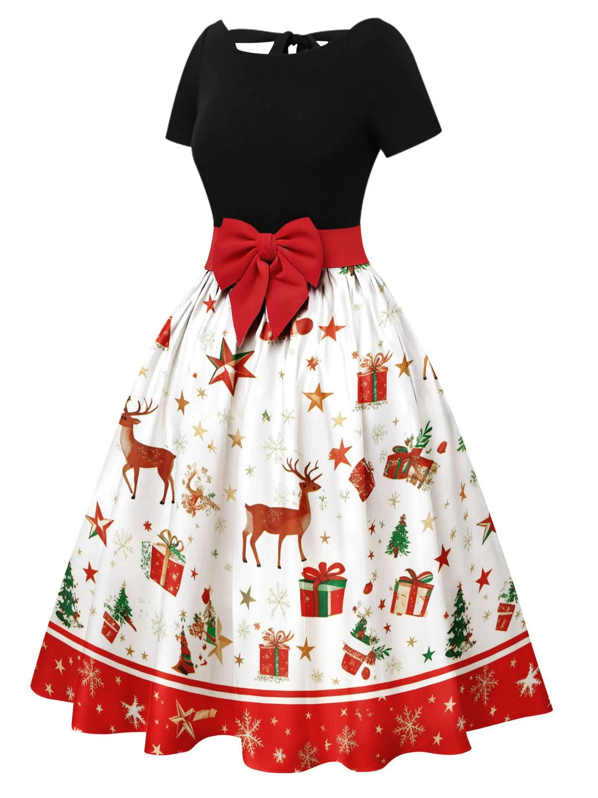 1950s Christmas Tree Patchwork Bow Belted Swing Dress - Image 3