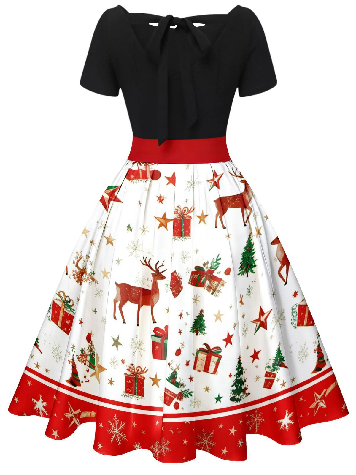 1950s Christmas Tree Patchwork Bow Belted Swing Dress - Image 4