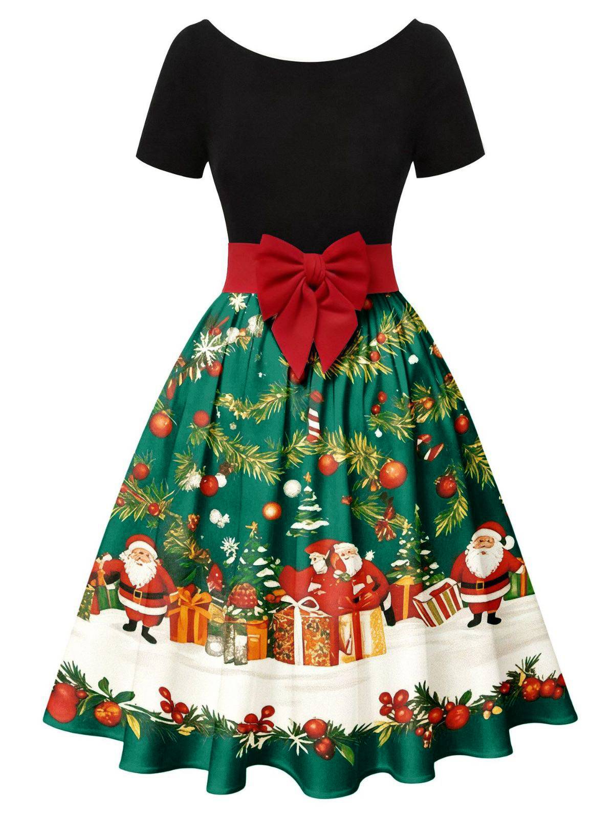 1950s Christmas Tree Patchwork Bow Belted Swing Dress - Image 6