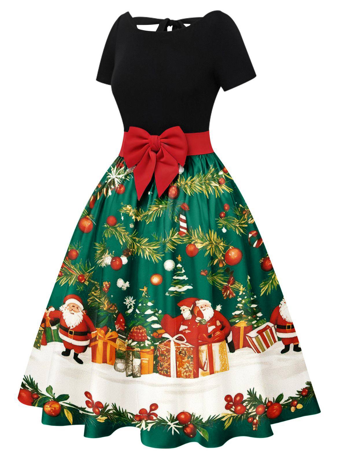 1950s Christmas Tree Patchwork Bow Belted Swing Dress - Image 7