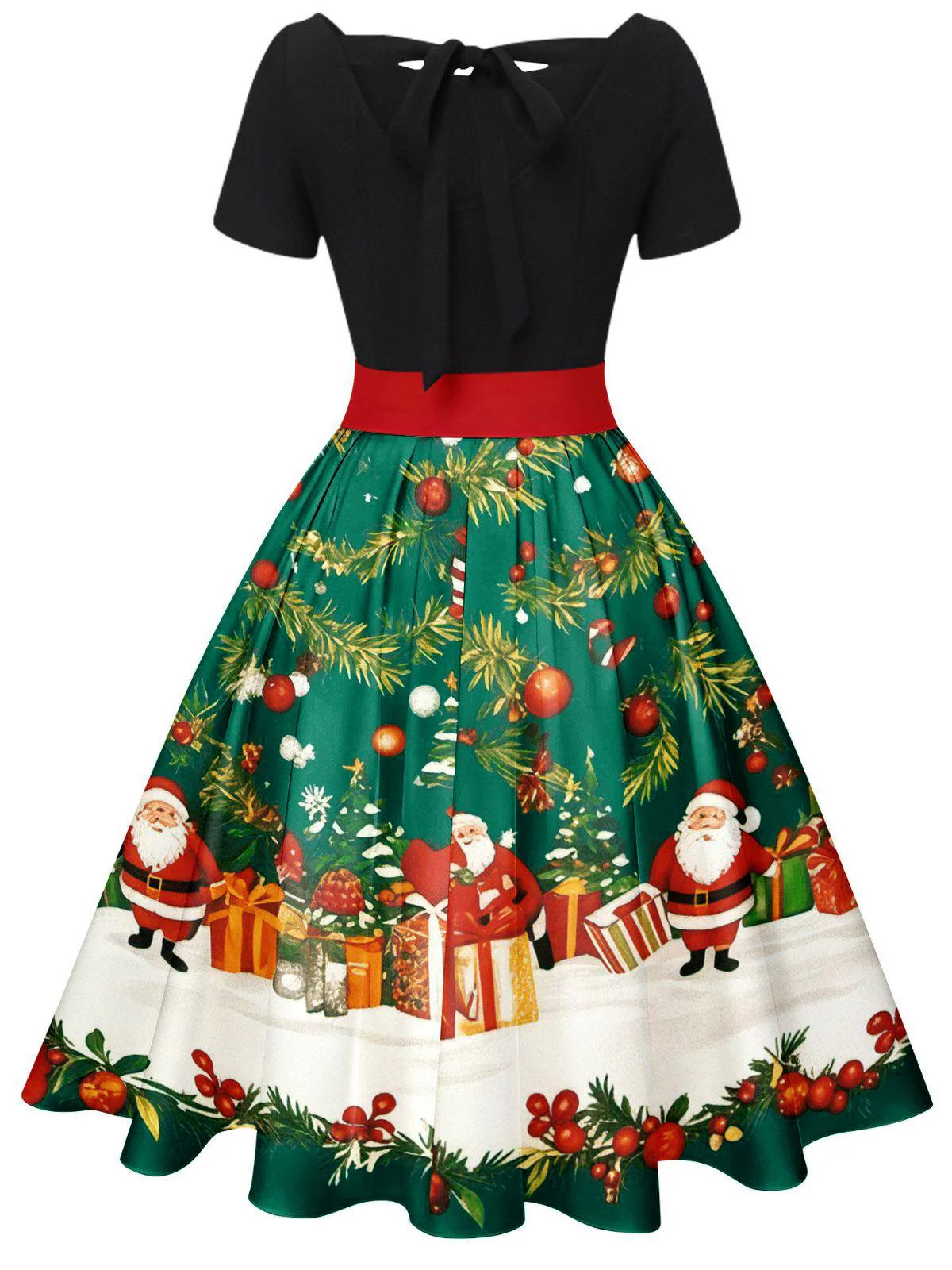 1950s Christmas Tree Patchwork Bow Belted Swing Dress - Image 8