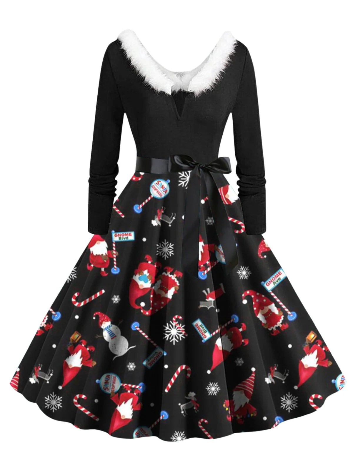1950s Christmas V-Neck Fur Collar Swing Dress - Image 2
