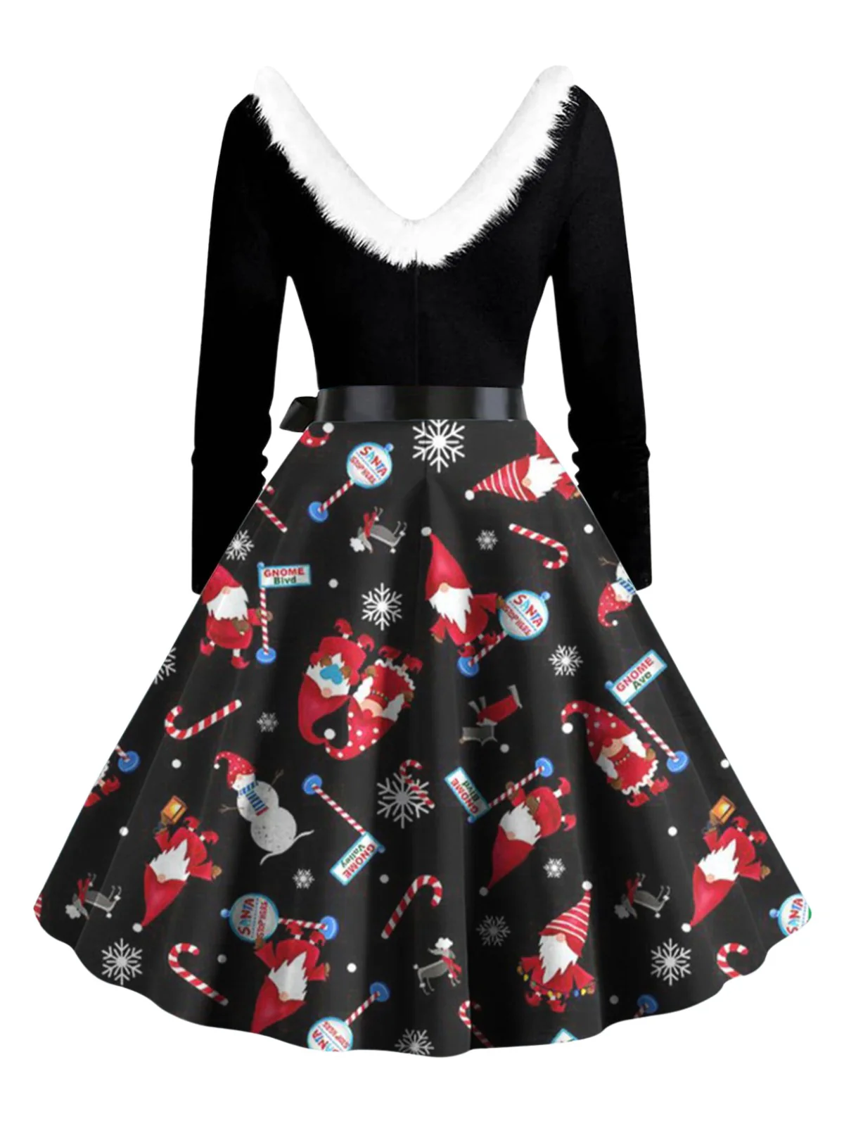 1950s Christmas V-Neck Fur Collar Swing Dress - Image 3