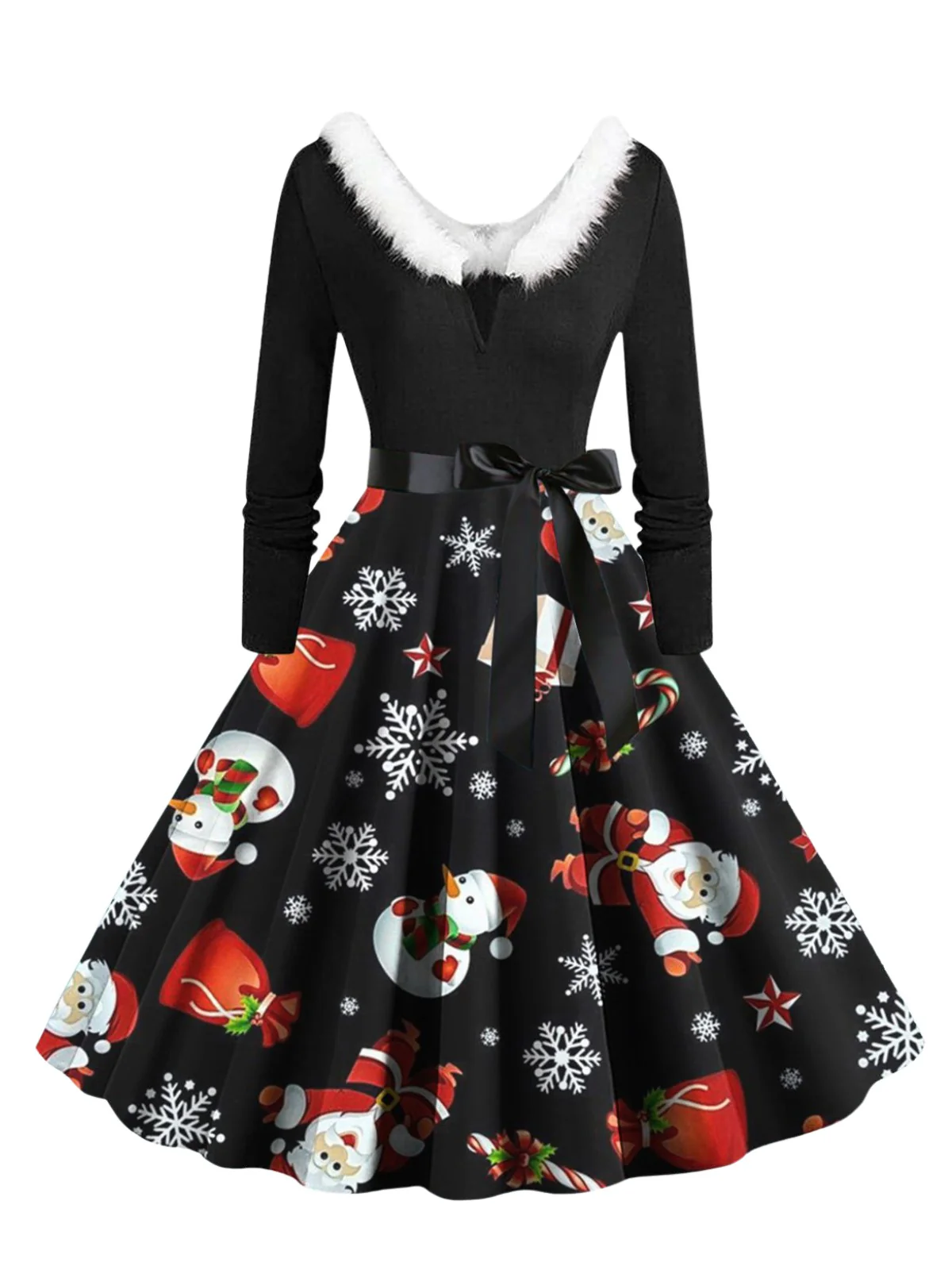 1950s Christmas V-Neck Fur Collar Swing Dress - Image 4