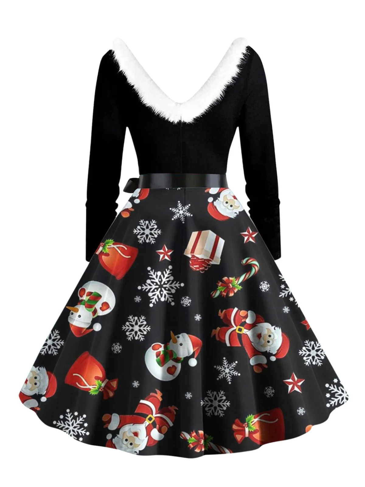 1950s Christmas V-Neck Fur Collar Swing Dress - Image 5
