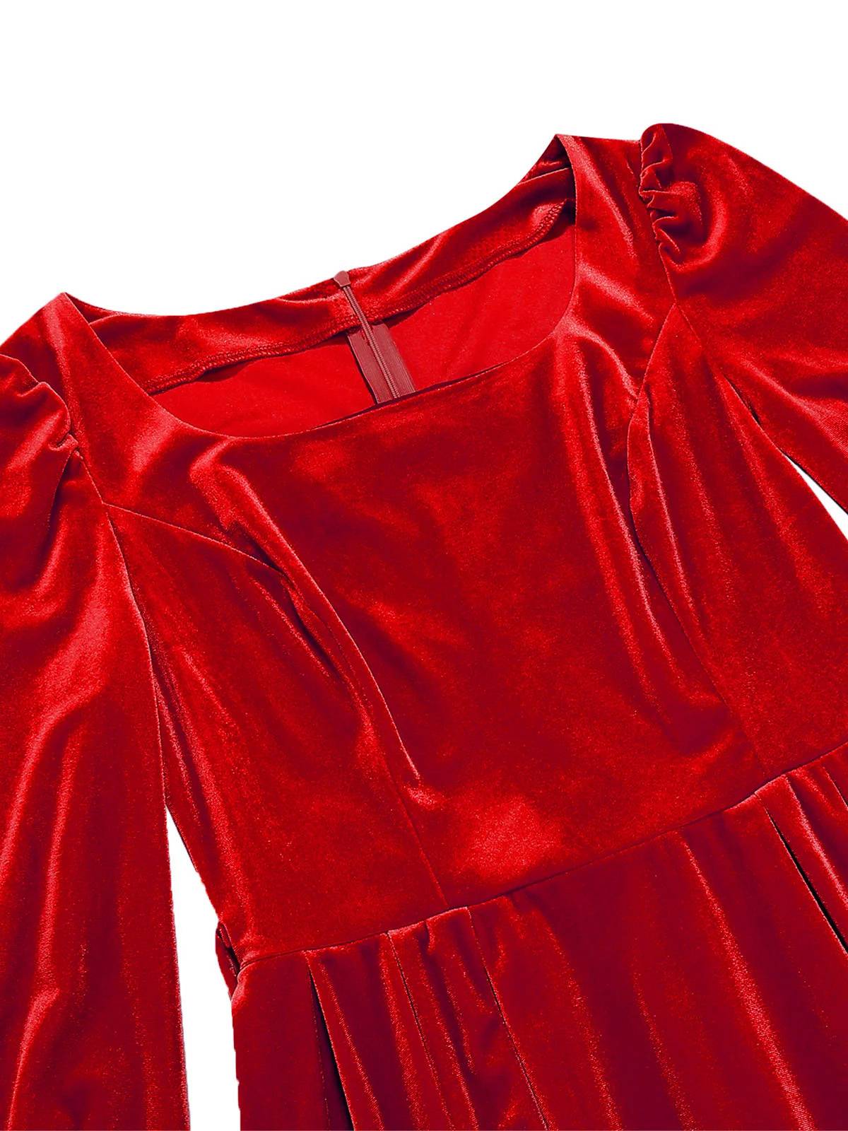 1950s Christmas Velvet Square Neck Long Sleeve Dress - Image 4