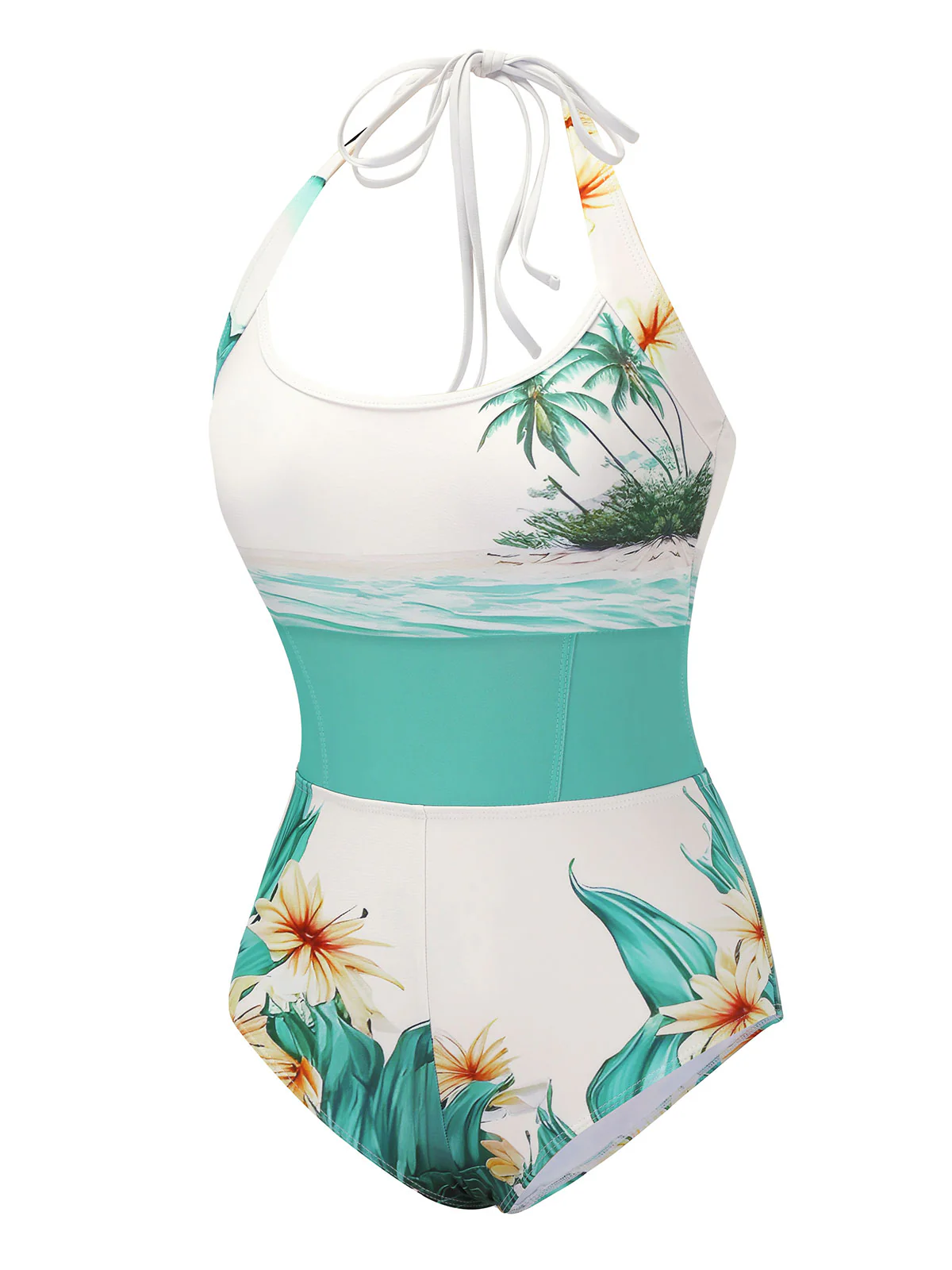 1950s Coconut Tree & Beach Patchwork Swimsuit - Image 3
