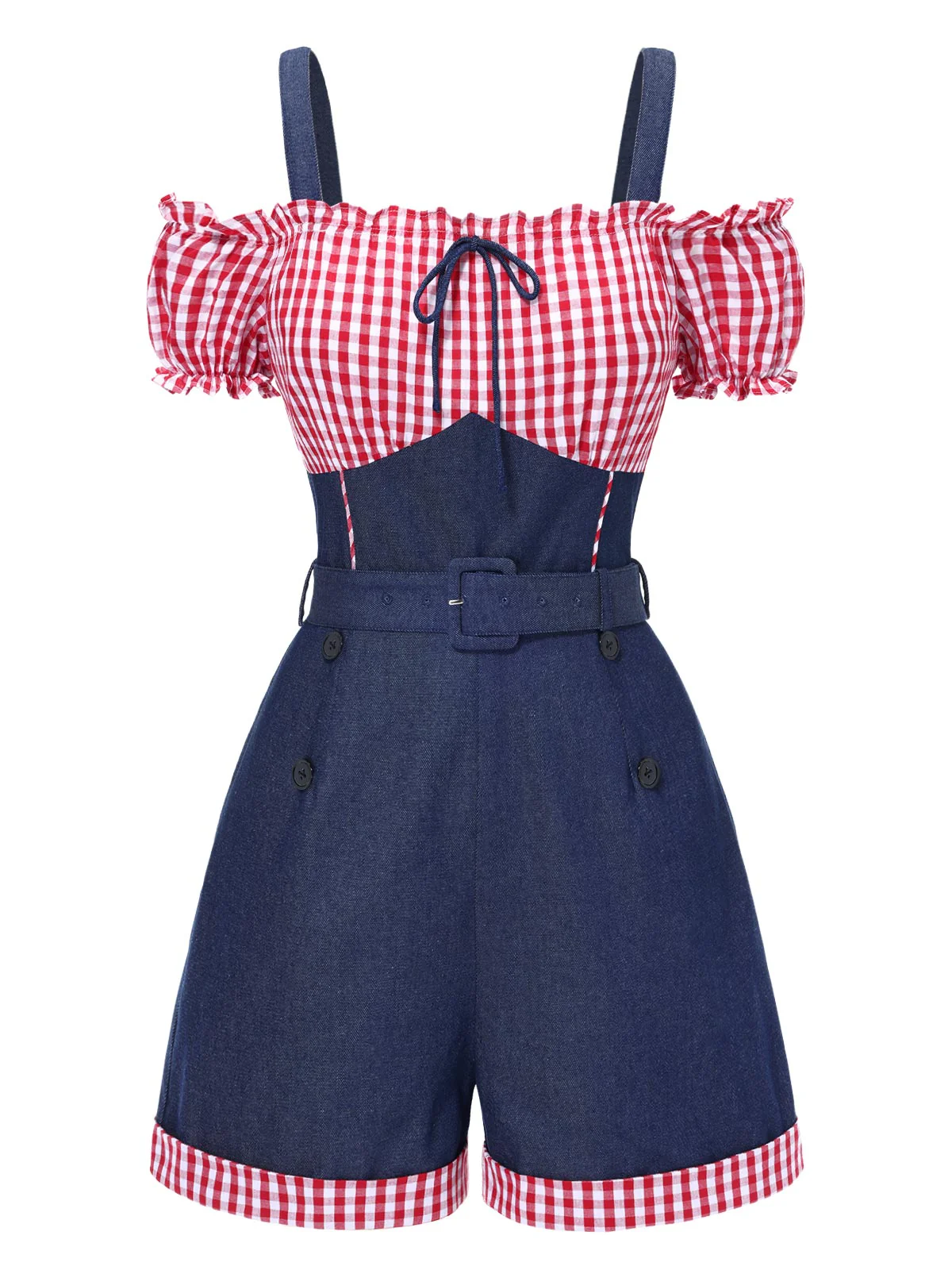1950s Cold Shoulder Plaids Contrast Denim Romper - Image 2