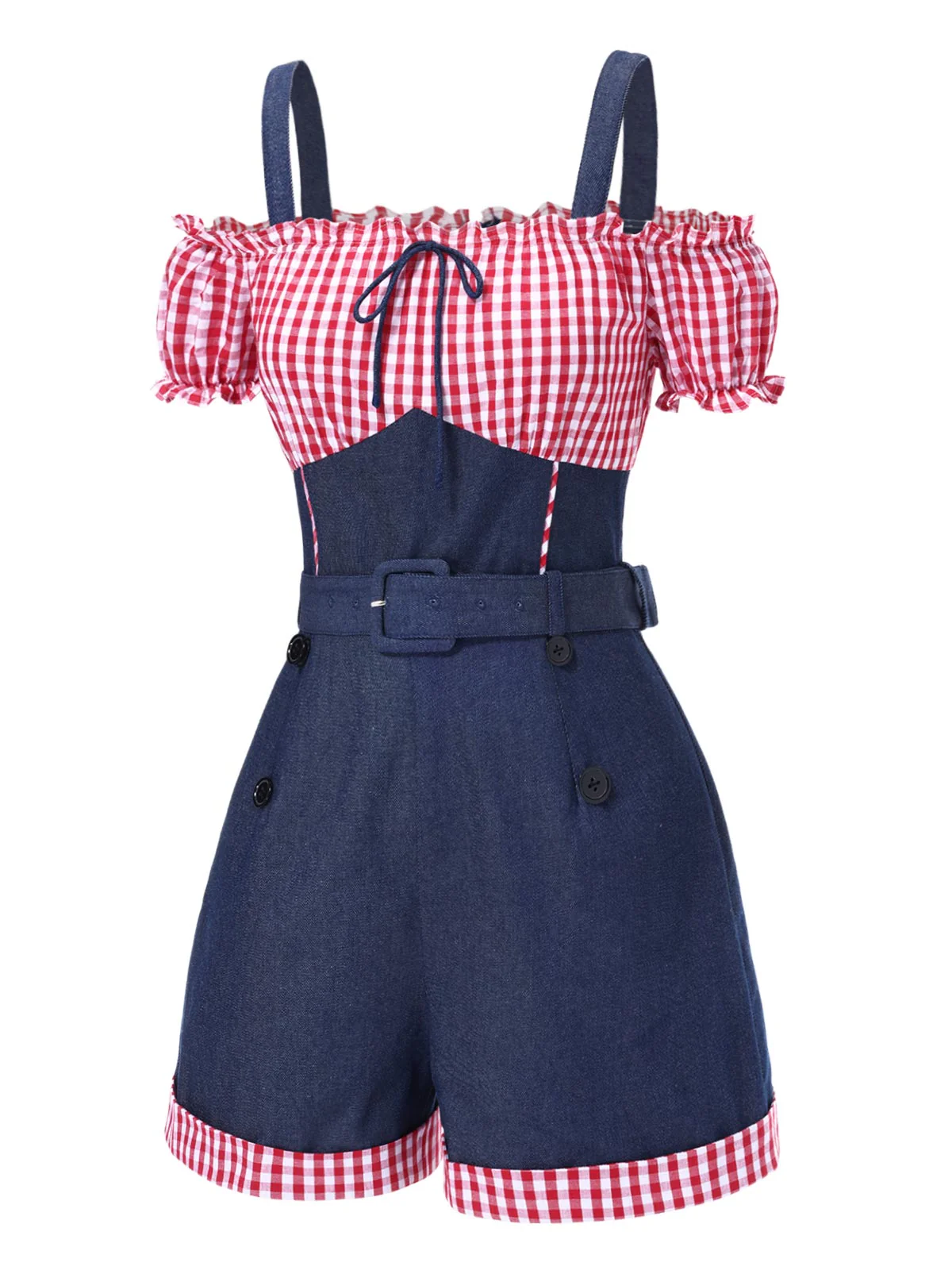 1950s Cold Shoulder Plaids Contrast Denim Romper - Image 3