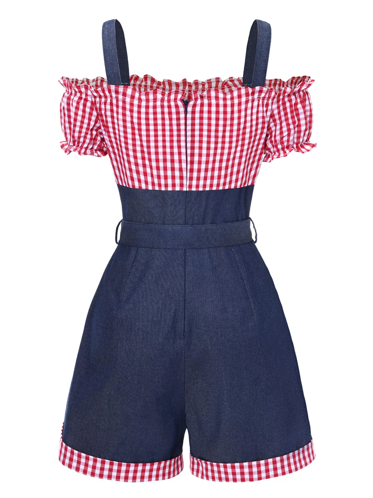 1950s Cold Shoulder Plaids Contrast Denim Romper - Image 4