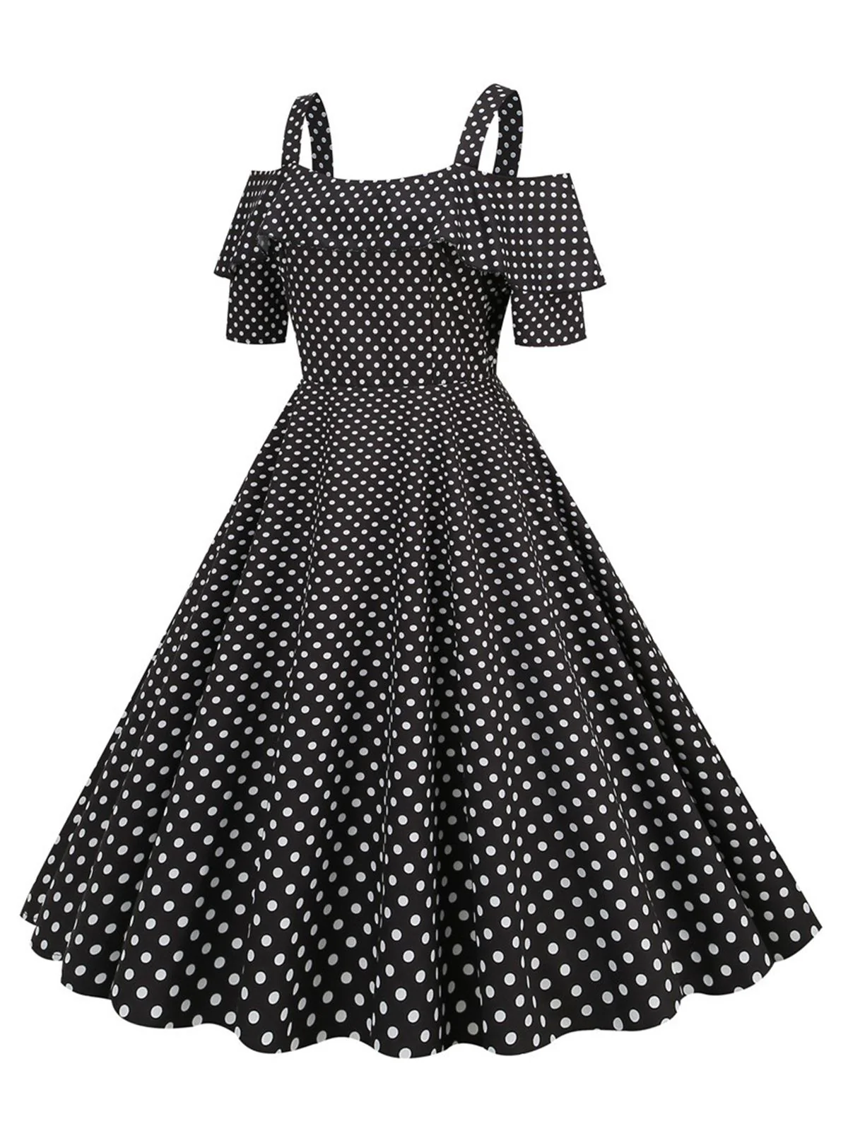 1950s Cold Shoulder Polka Dots Dress - Image 2