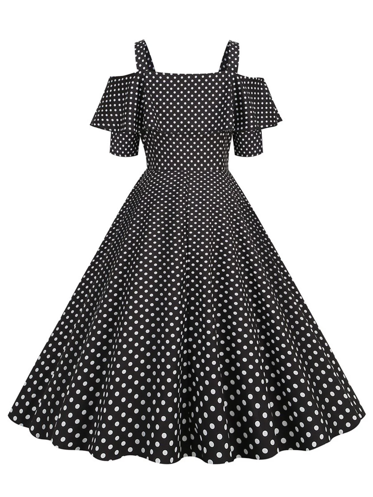 1950s Cold Shoulder Polka Dots Dress - Image 3