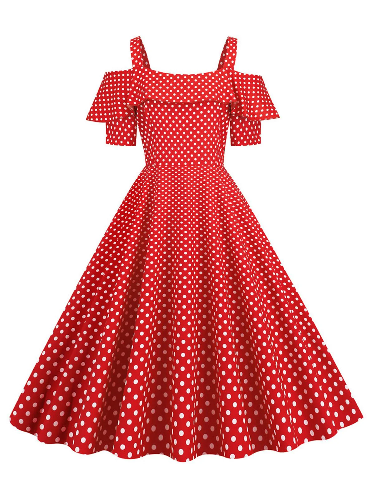 1950s Cold Shoulder Polka Dots Dress - Image 4