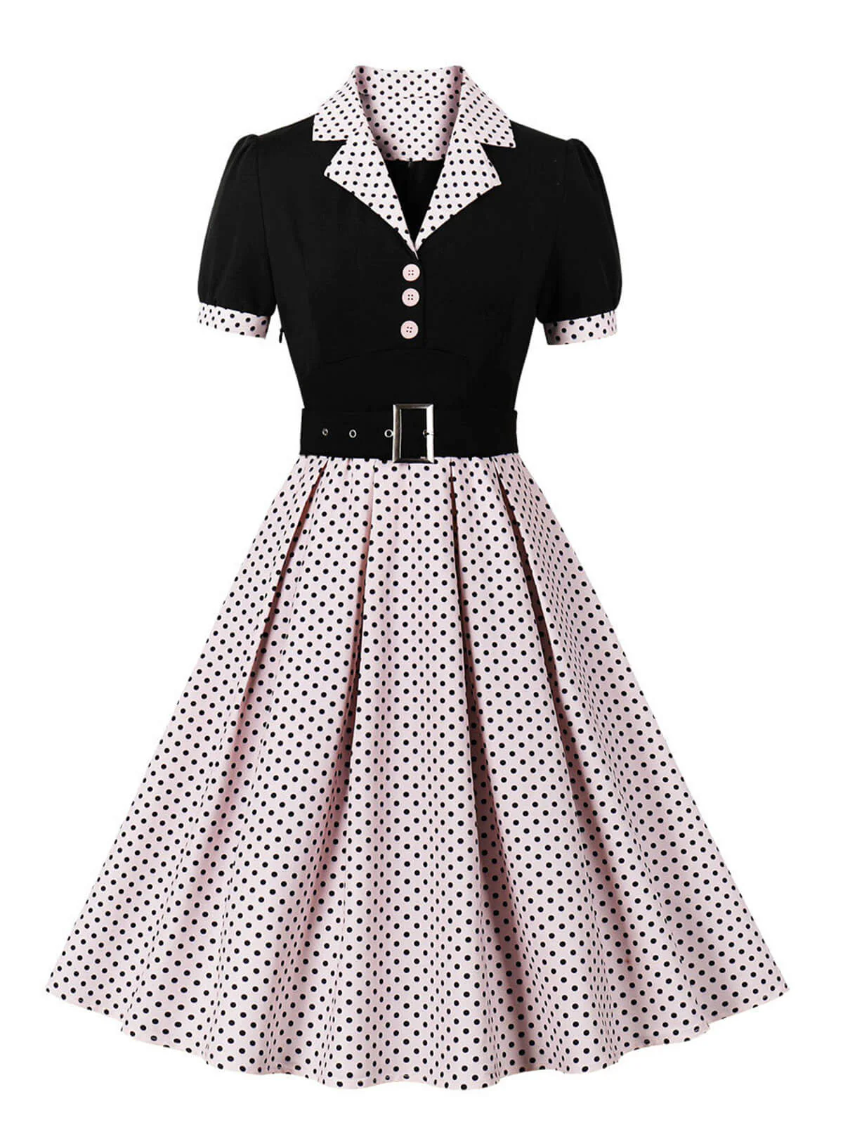 1950s Color Block Polka Dots Lapel Dress - Image 10