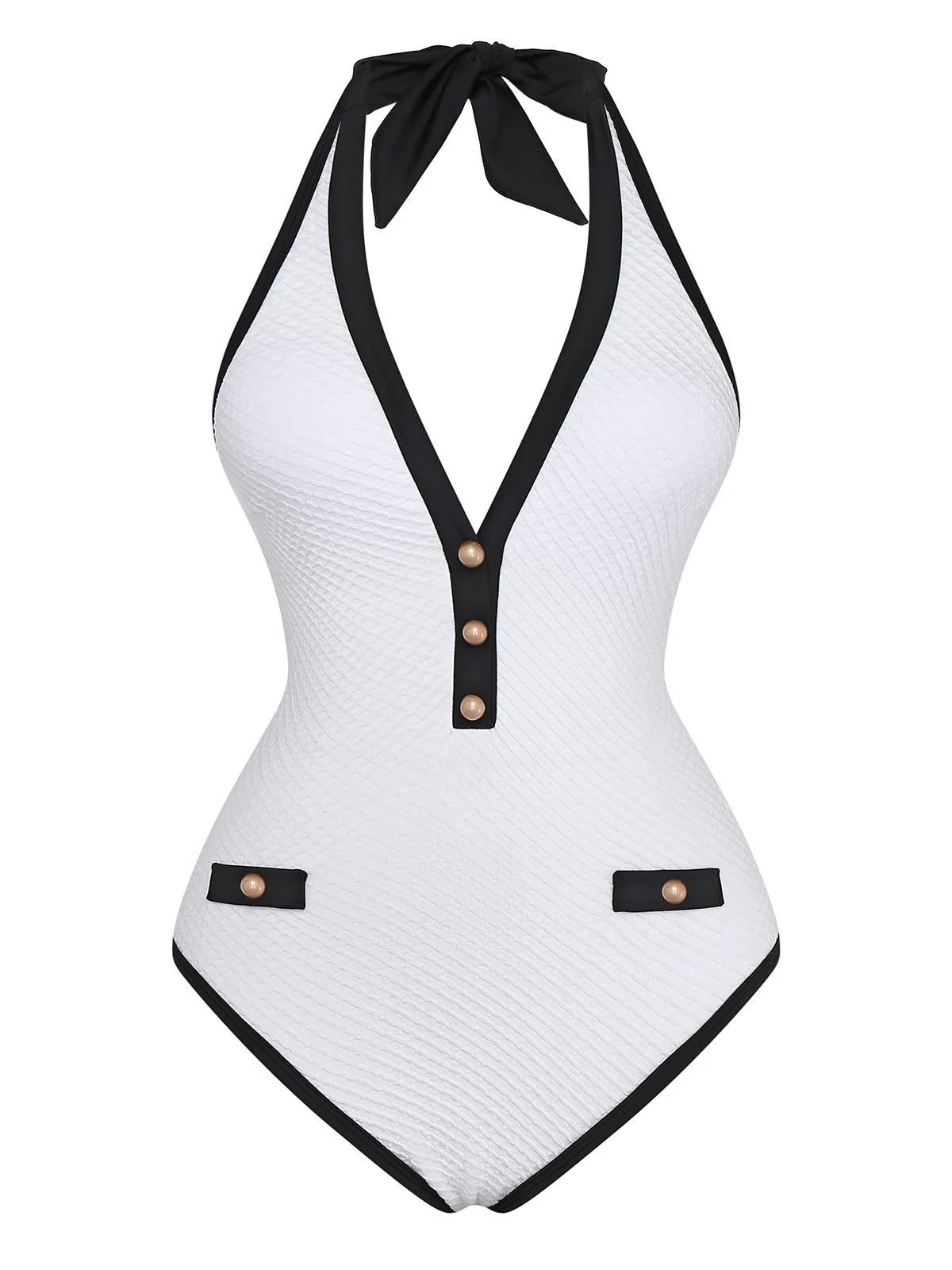1950s Color Block V-Neck Backless Button Swimsuit - Image 2