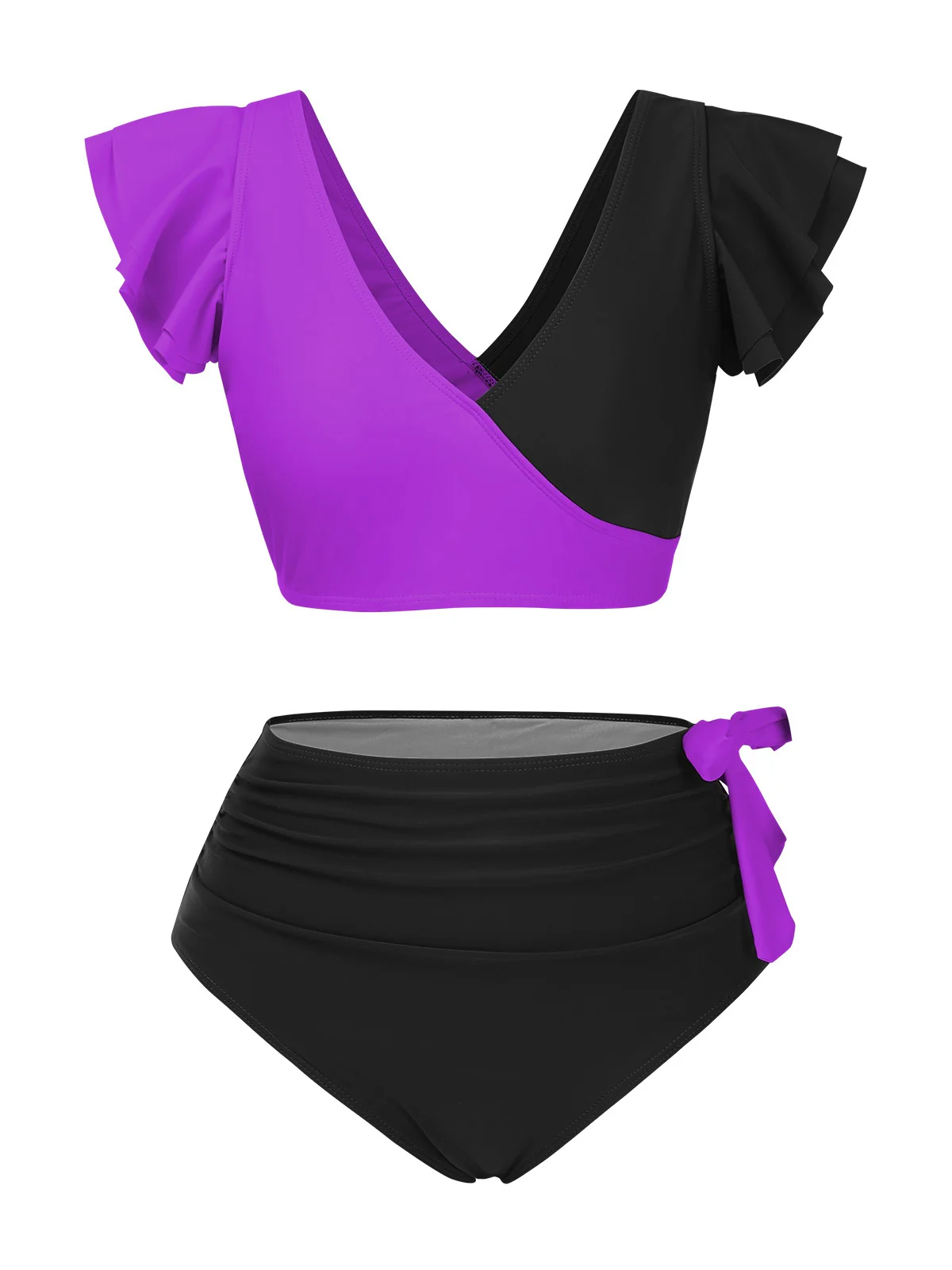 1950s Colorblock Ruffle Ruched Bow Bikini Set - Image 4