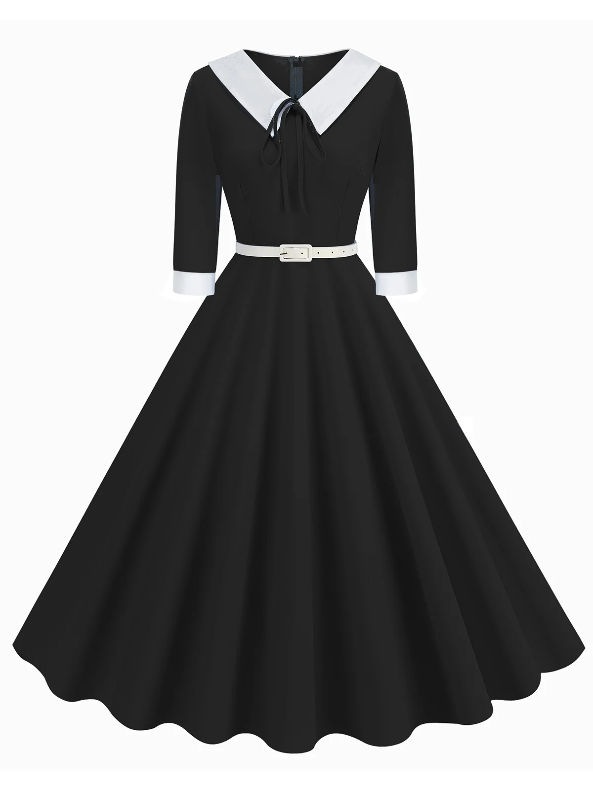 1950s Contrast Tie Neck Belted Lapel Dress - Image 13