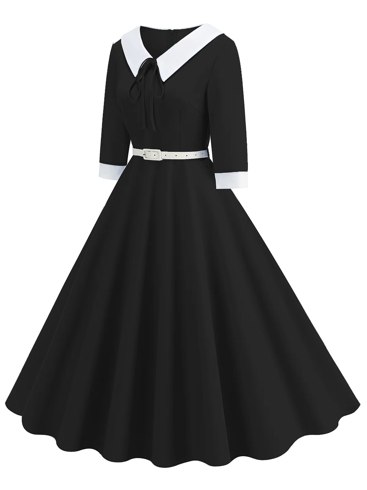1950s Contrast Tie Neck Belted Lapel Dress - Image 14
