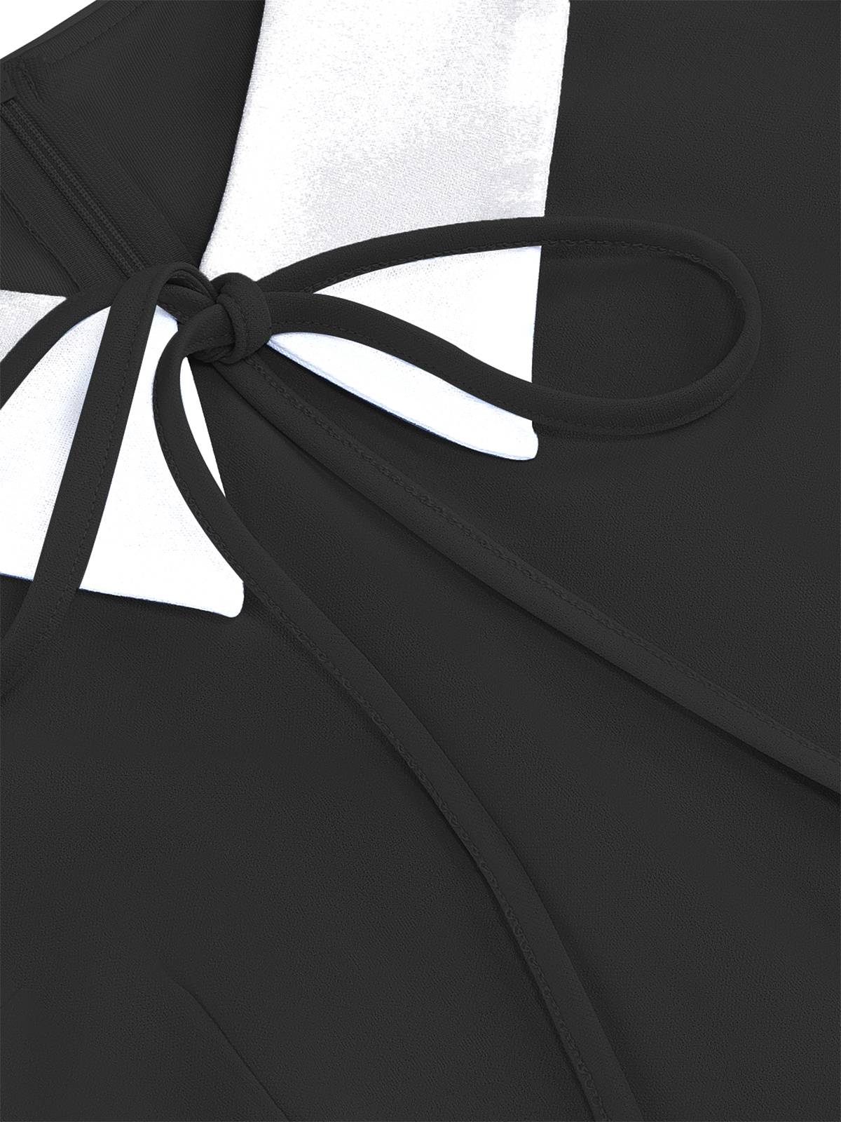 1950s Contrast Tie Neck Belted Lapel Dress - Image 16