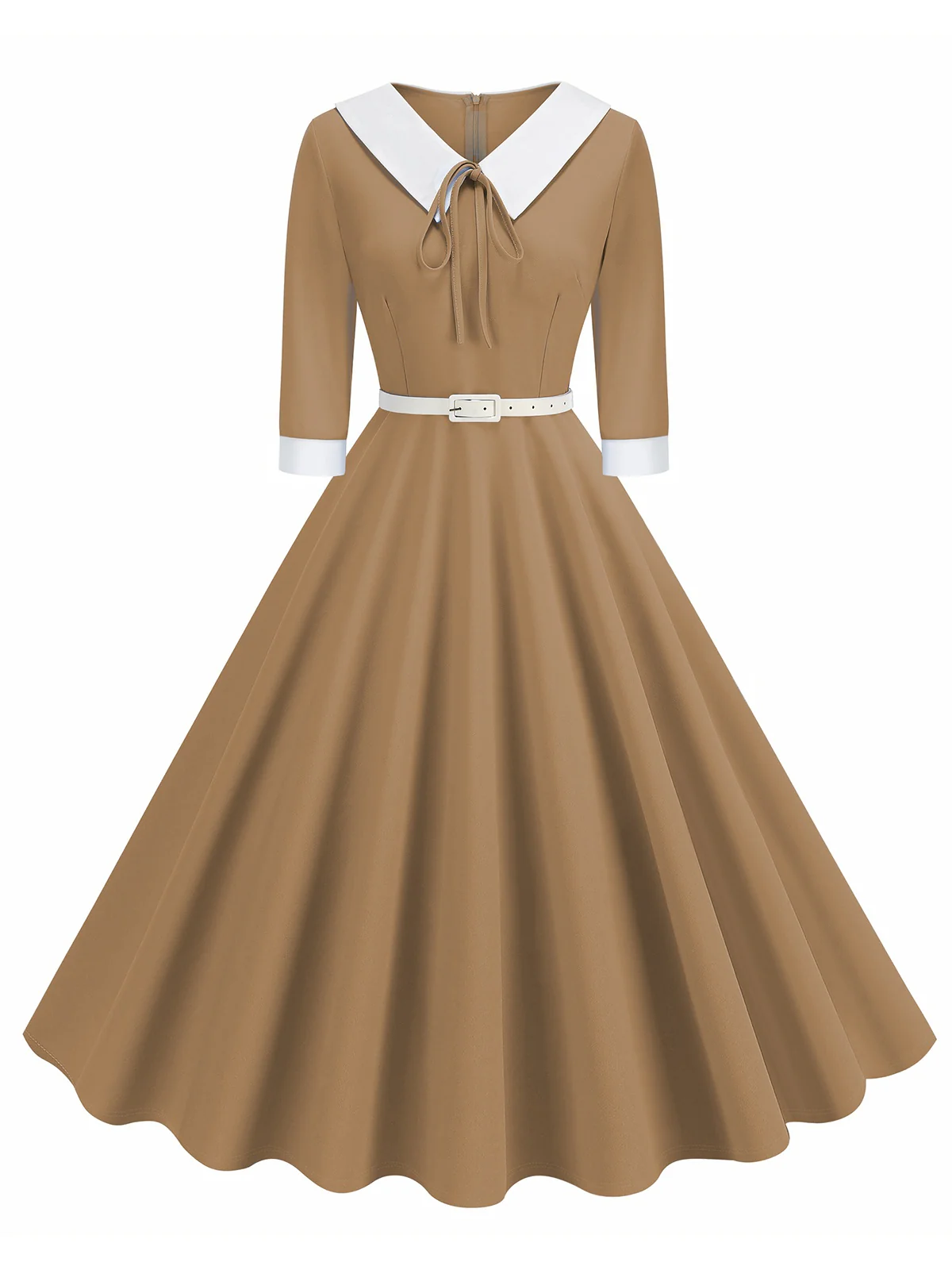 1950s Contrast Tie Neck Belted Lapel Dress - Image 17
