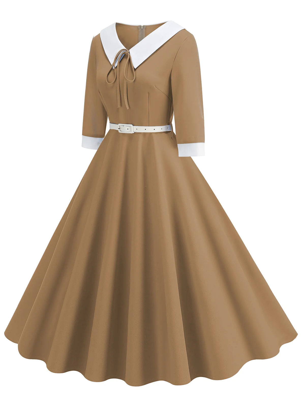 1950s Contrast Tie Neck Belted Lapel Dress - Image 18