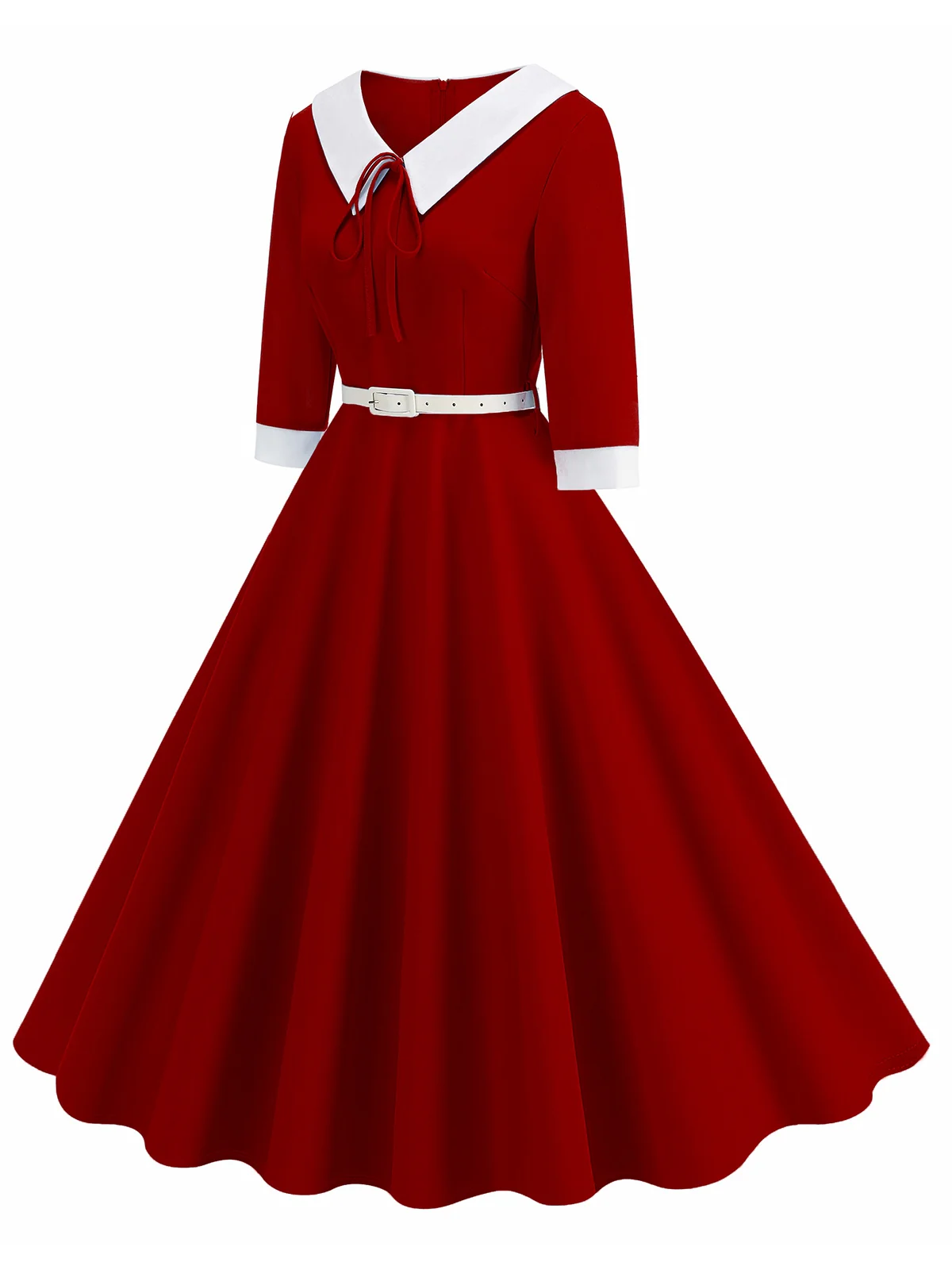 1950s Contrast Tie Neck Belted Lapel Dress - Image 2