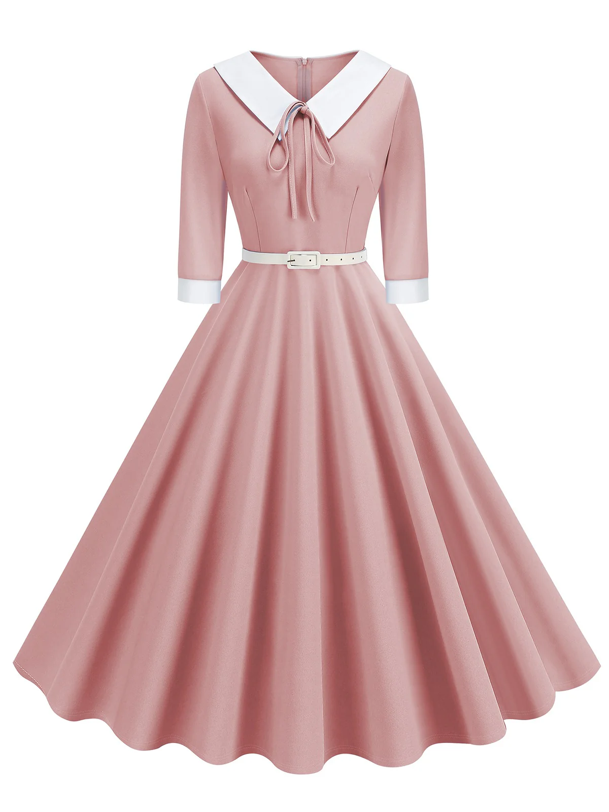 1950s Contrast Tie Neck Belted Lapel Dress - Image 7