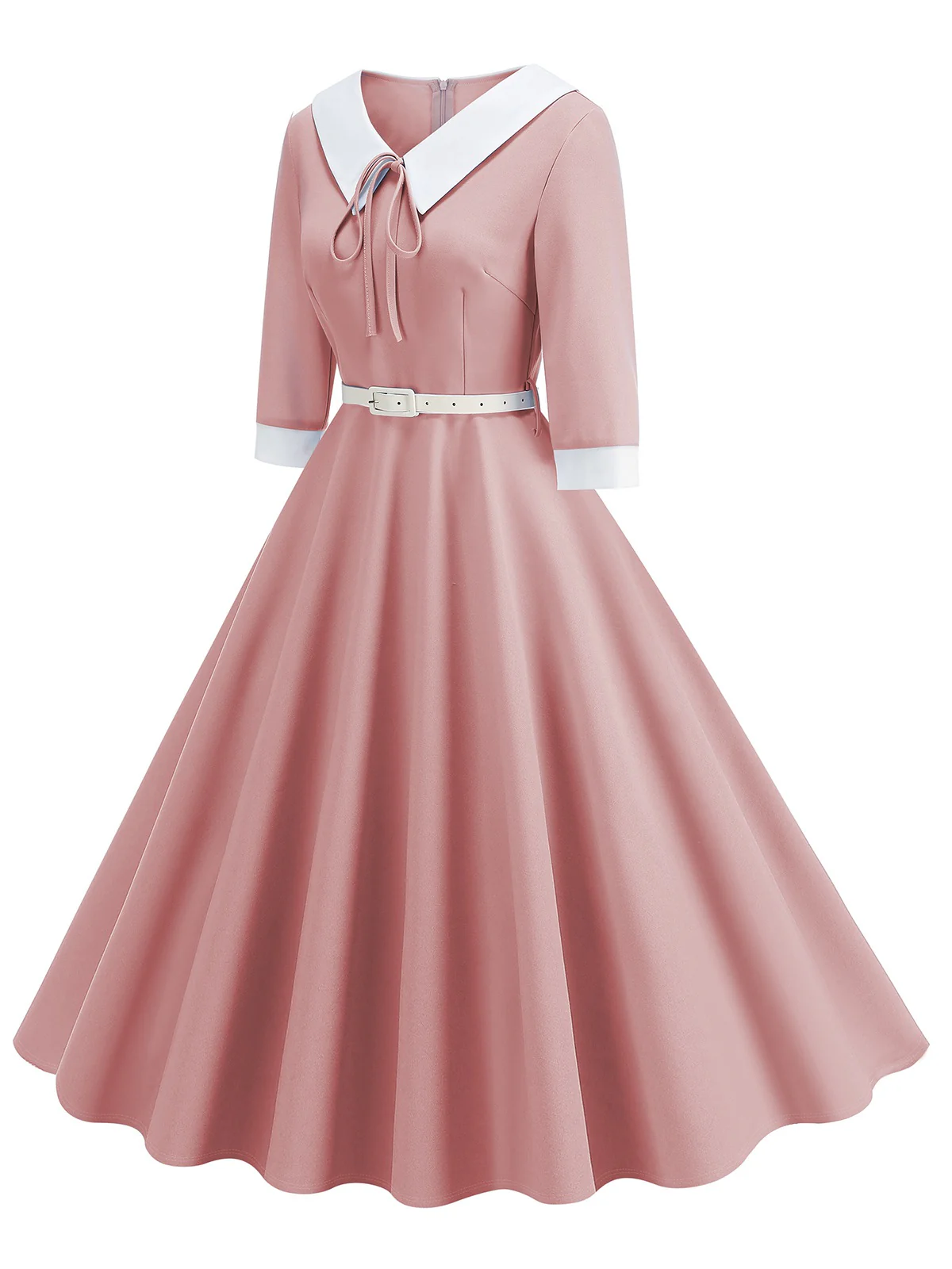 1950s Contrast Tie Neck Belted Lapel Dress - Image 8