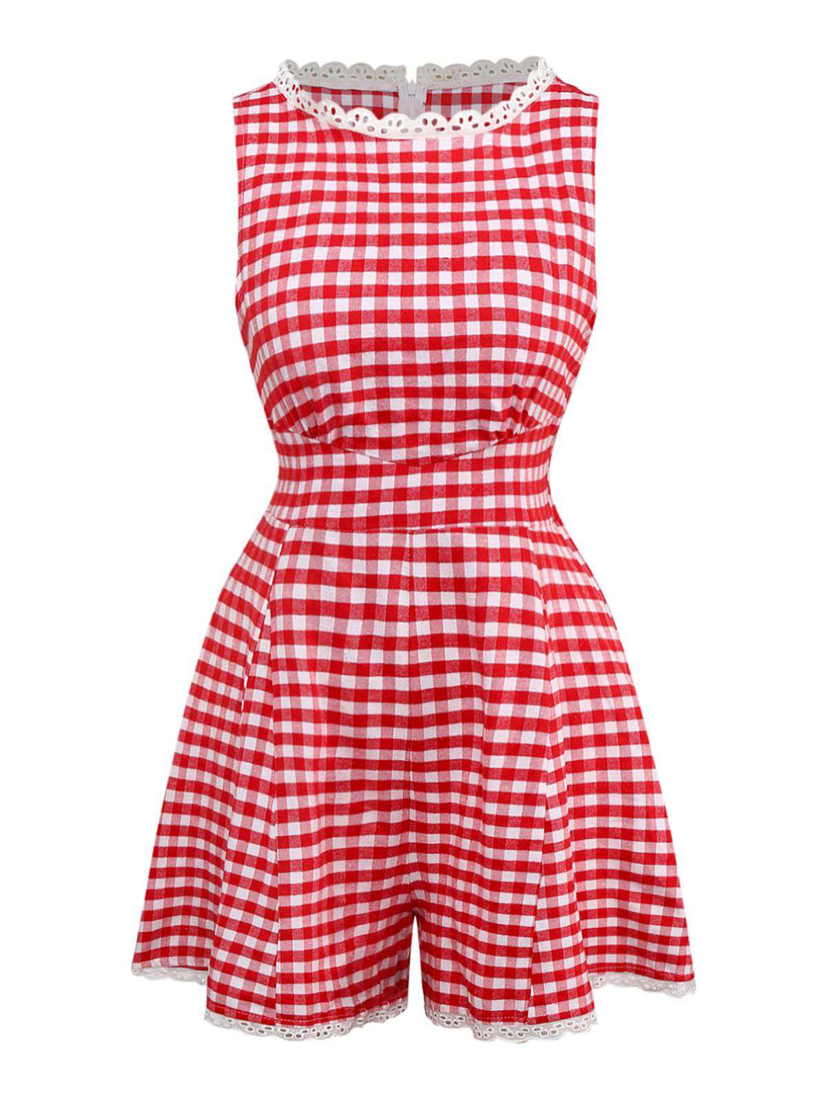 1950s Cotton Lace Patchwork Gingham Plaid Romper - Image 2