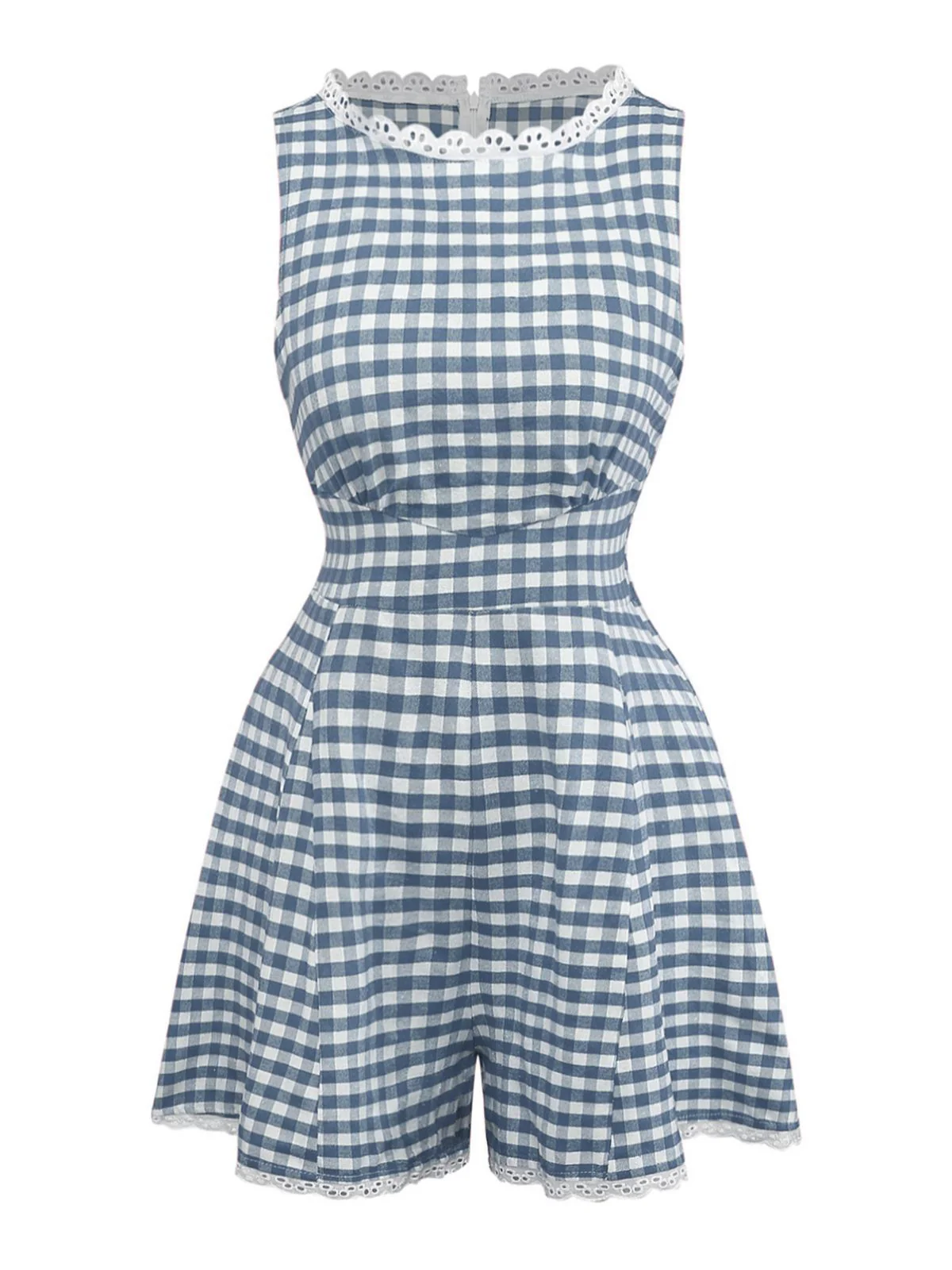 1950s Cotton Lace Patchwork Gingham Plaid Romper - Image 6