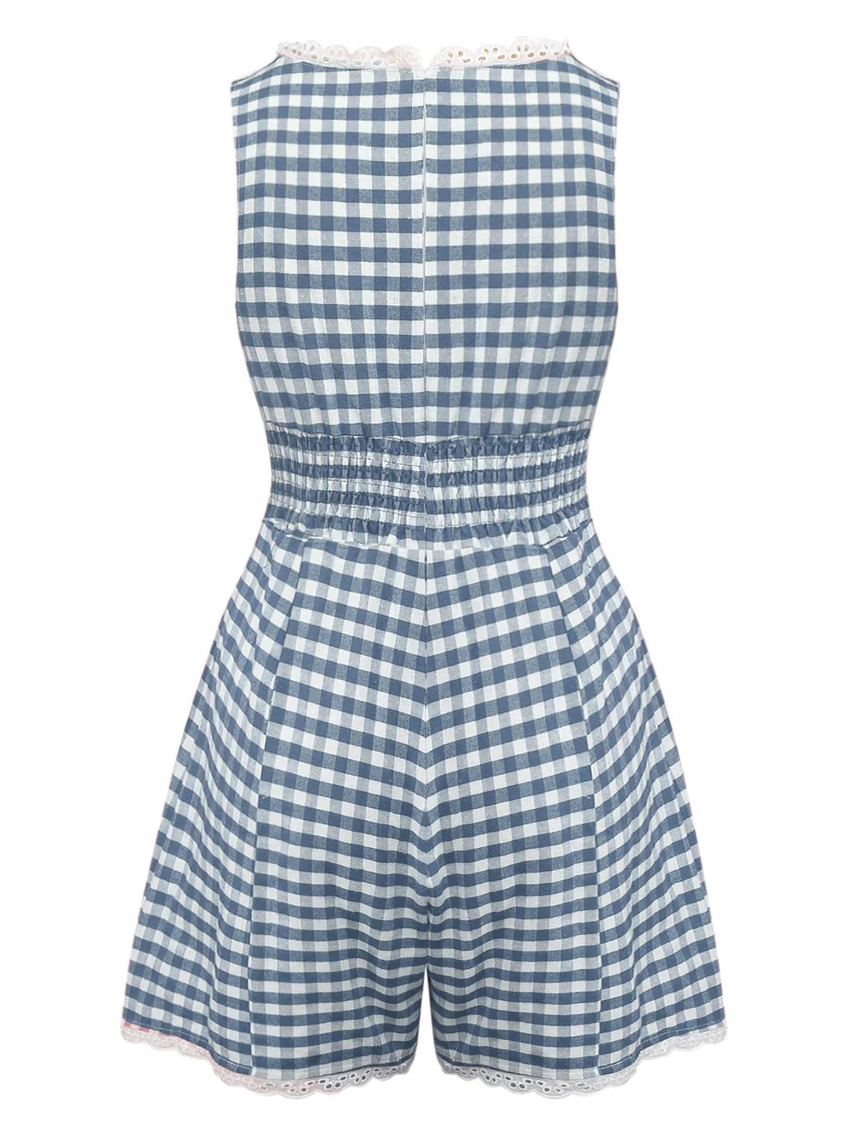 1950s Cotton Lace Patchwork Gingham Plaid Romper - Image 7