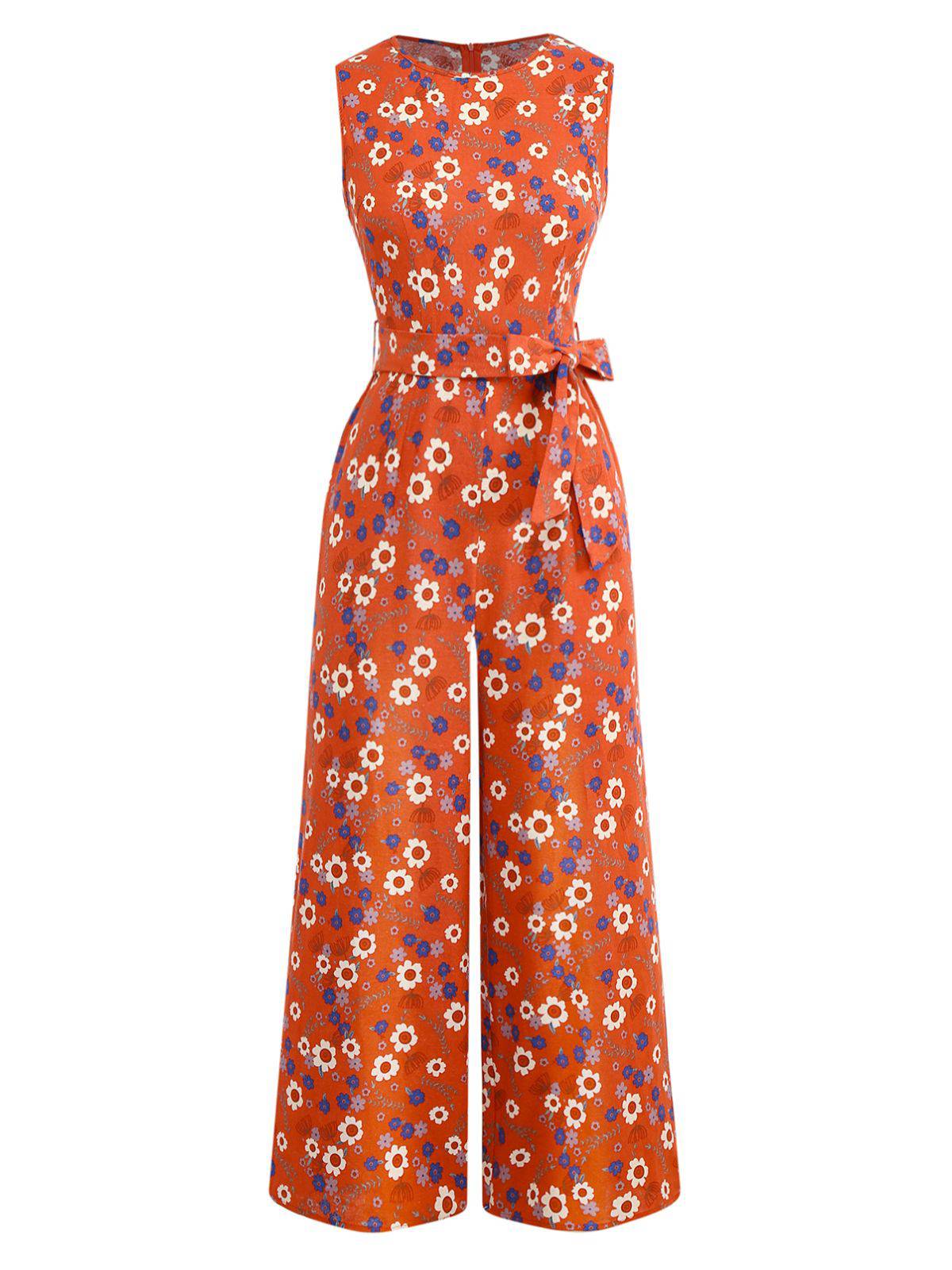 1950s Cotton Sleeveless All-Over Floral Belted Jumpsuit - Image 2