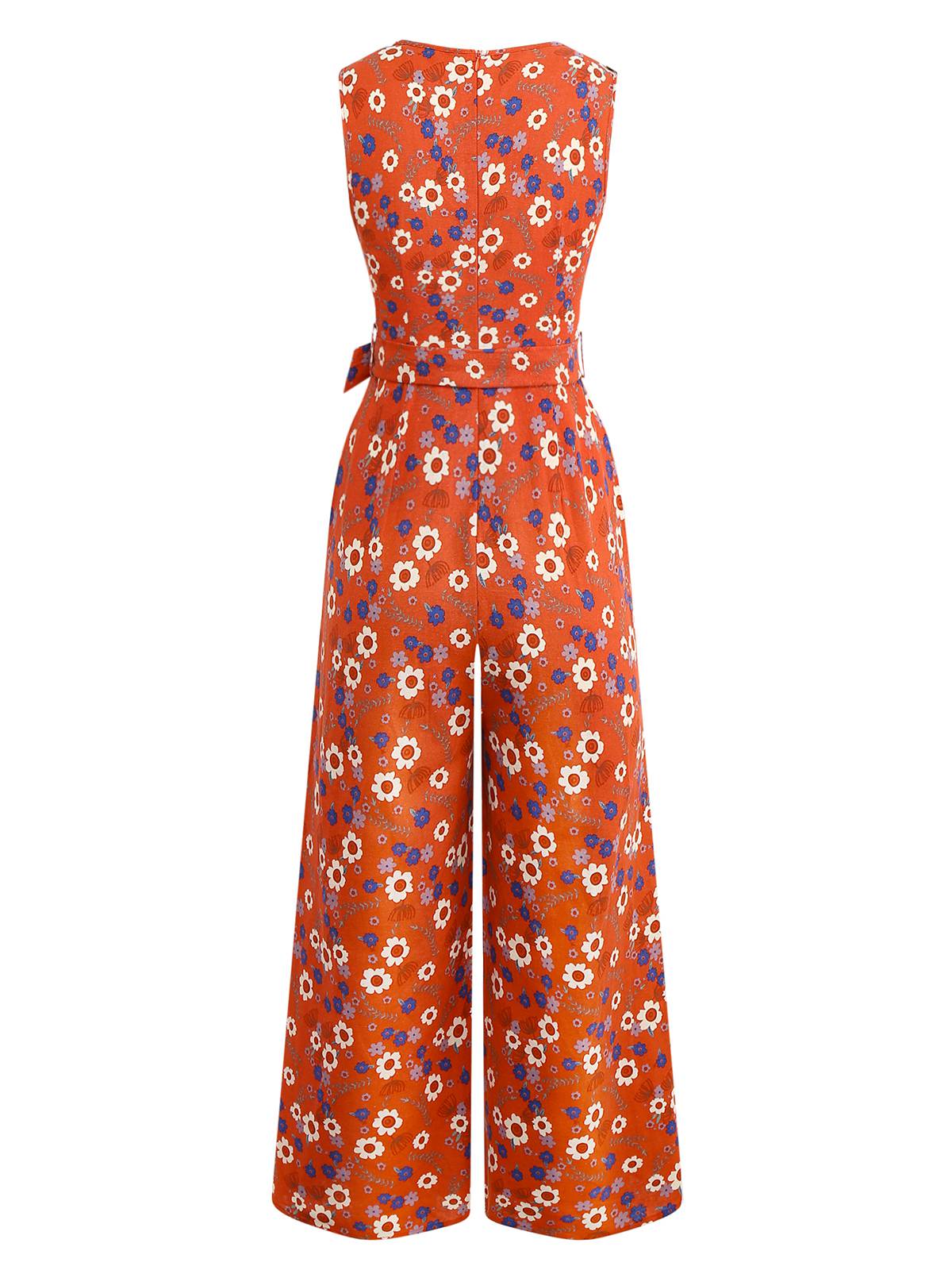 1950s Cotton Sleeveless All-Over Floral Belted Jumpsuit - Image 3